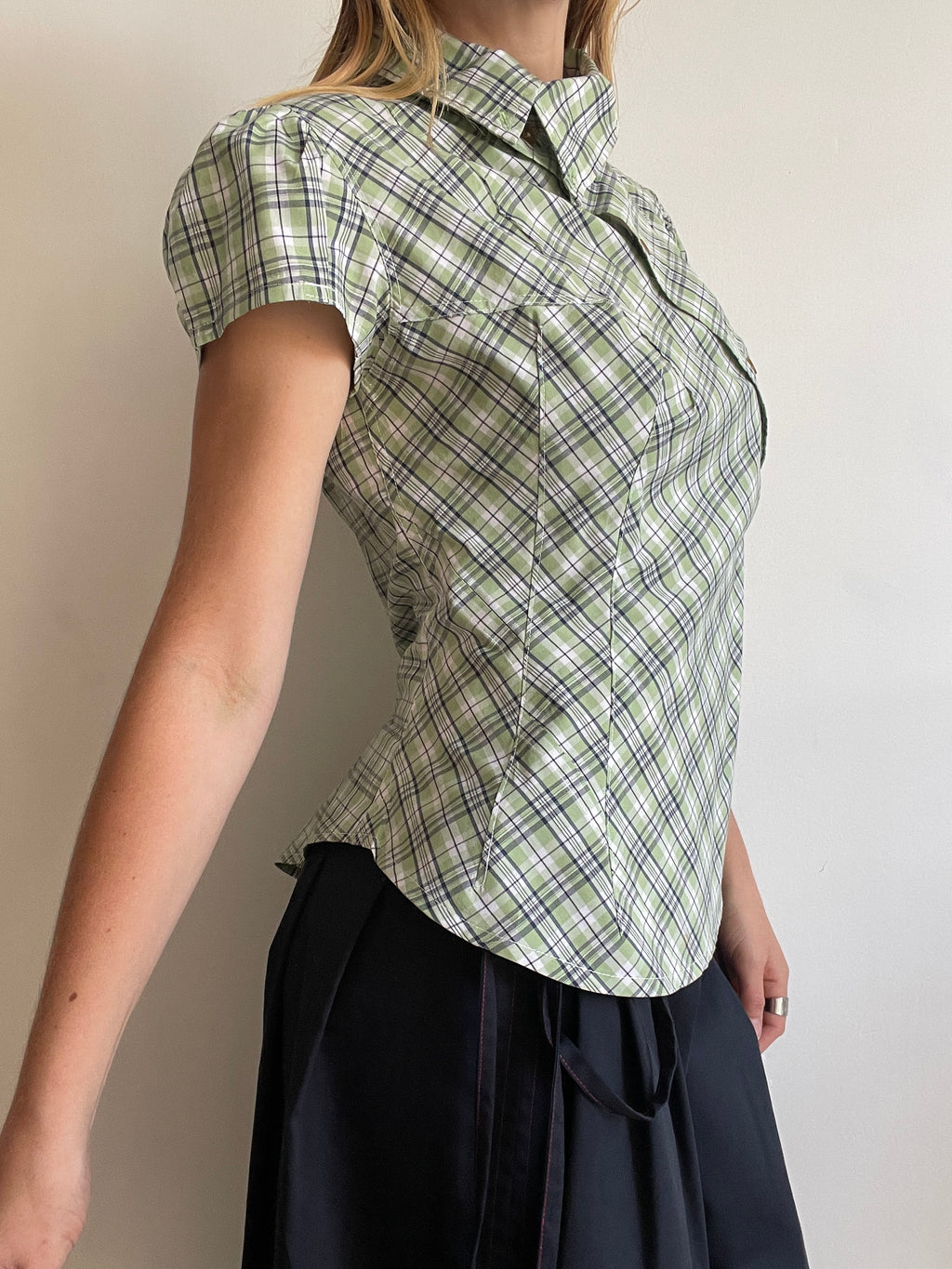 reworked green beige check puffed sleeve fitted blouse