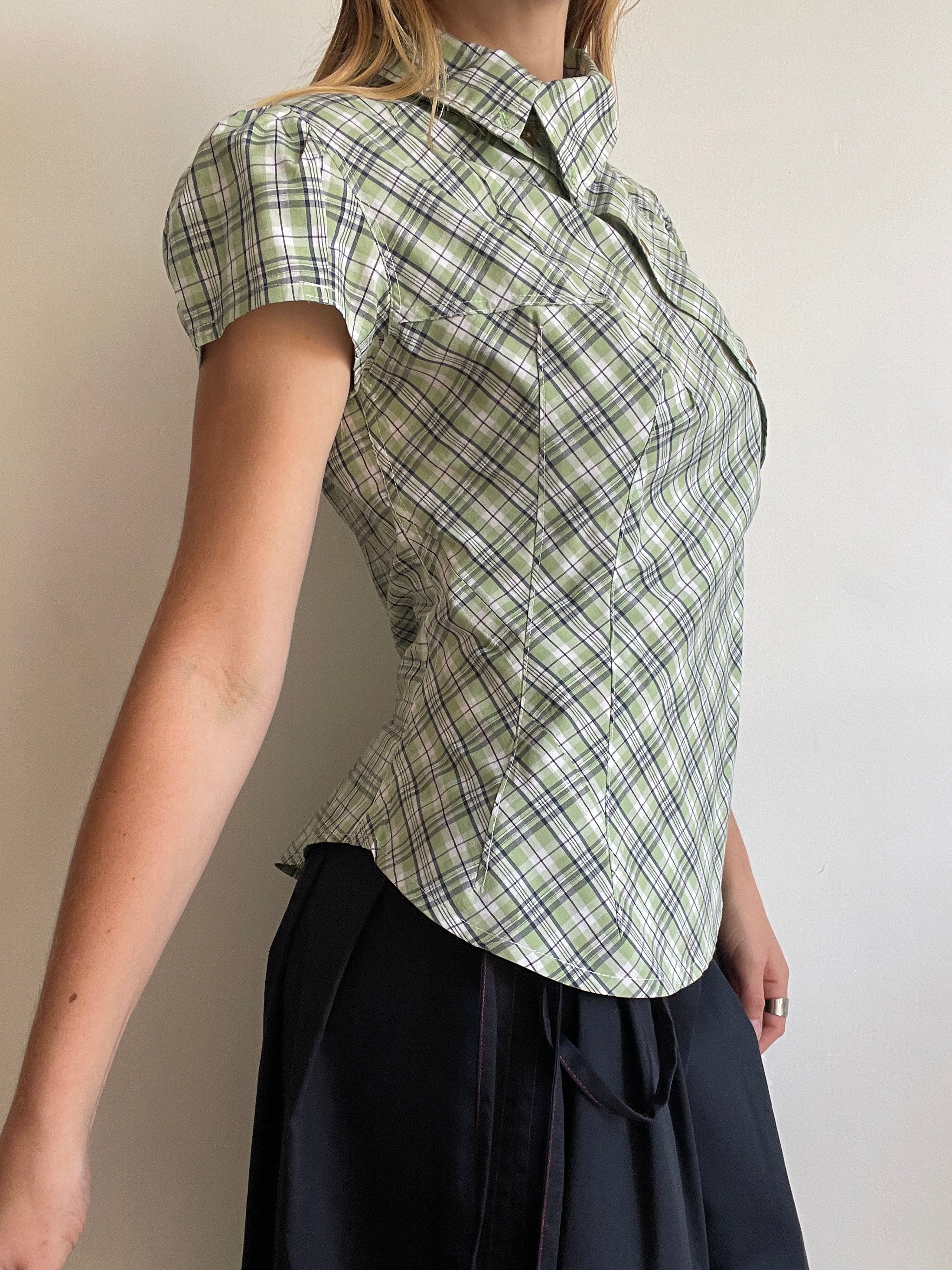reworked green beige check puffed sleeve fitted blouse