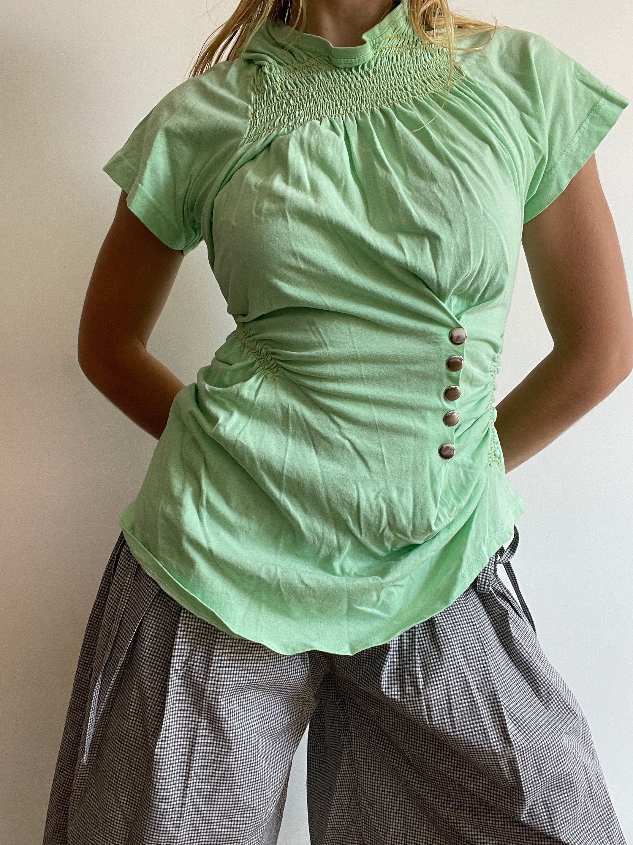 reworked mint green ruched snapper button slinky tee