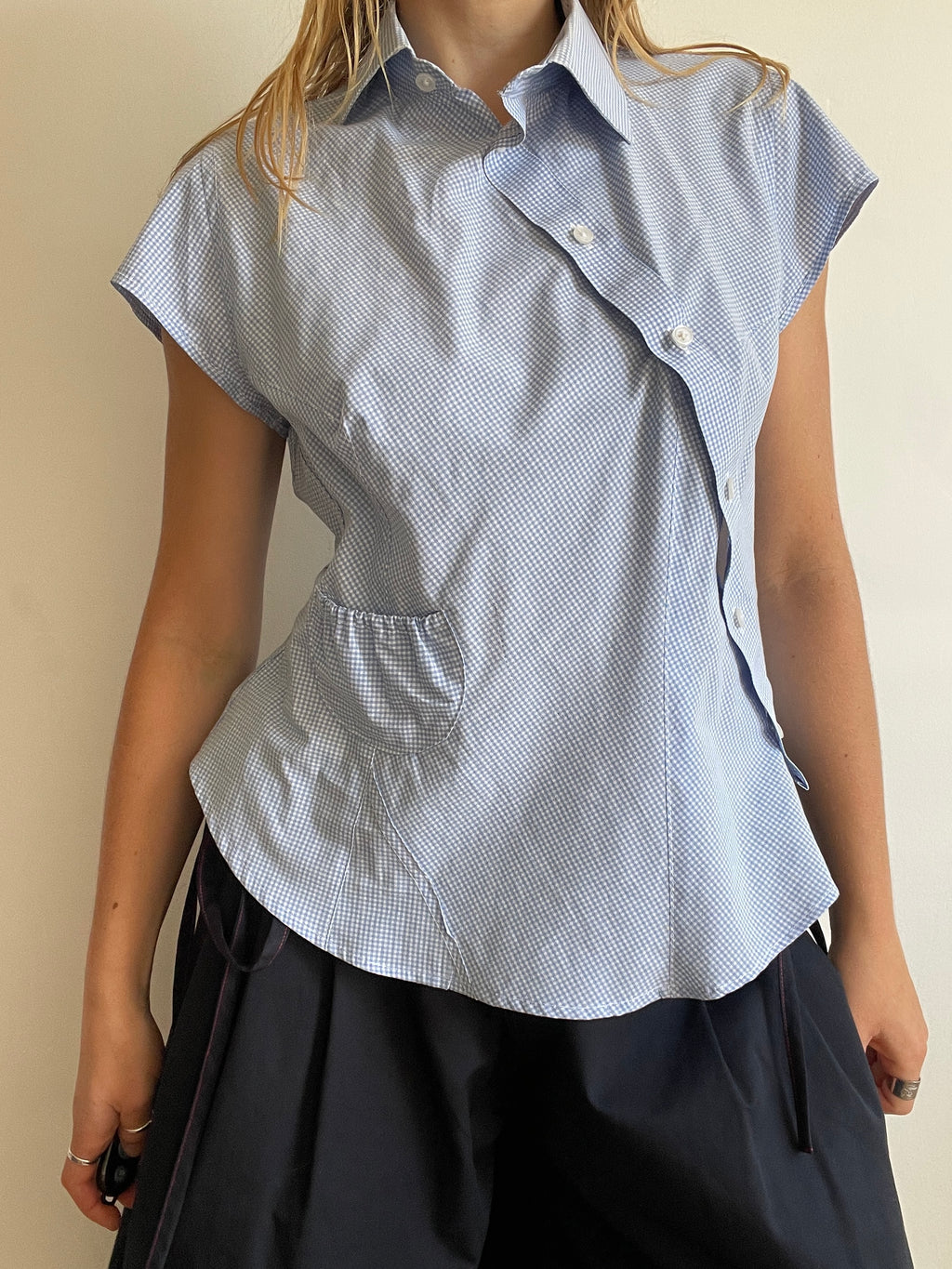 reworked asymetrical baby blue gingham pocket collar shirt