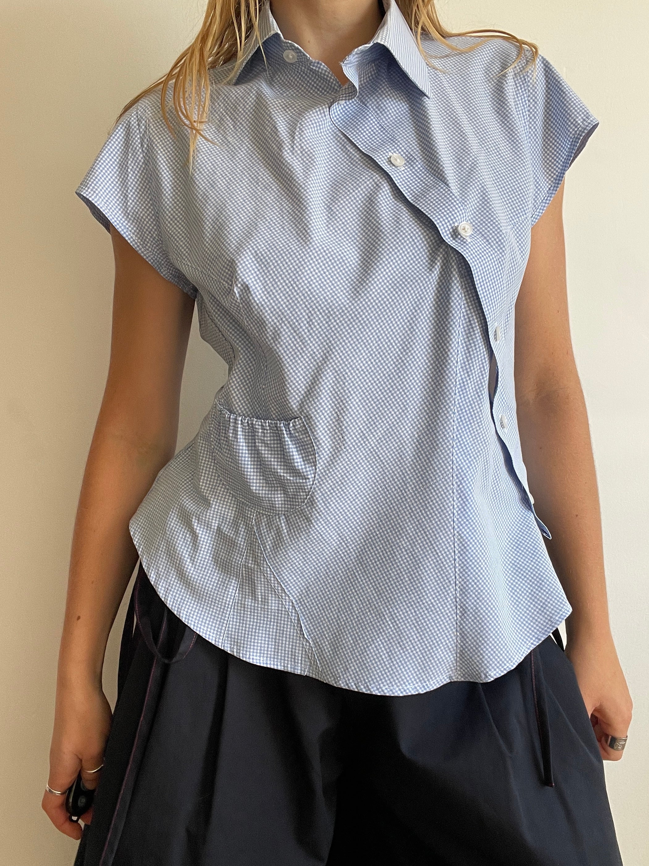 reworked asymetrical baby blue gingham pocket collar shirt