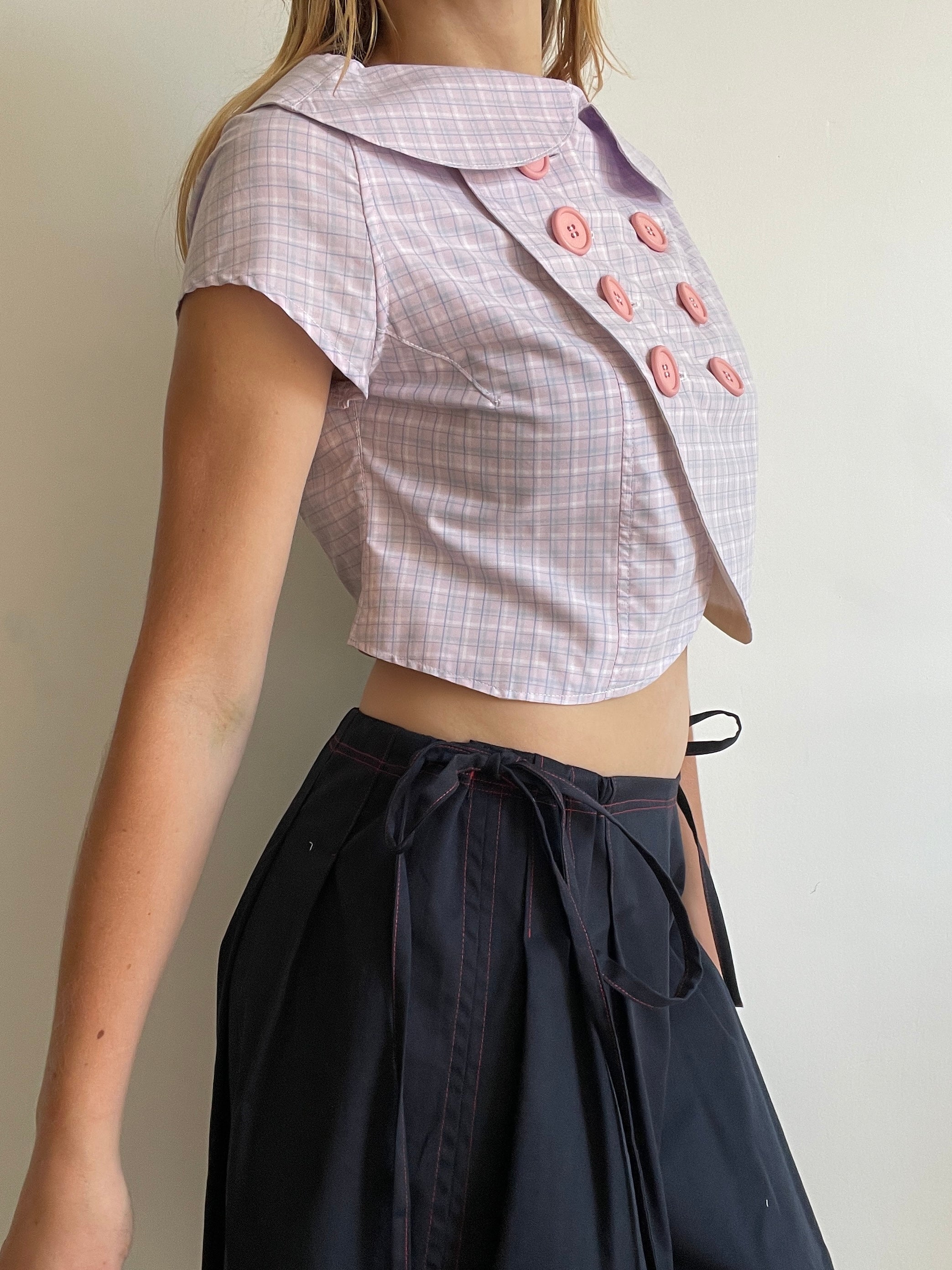 cute purple tartan double breast crop petit coat
