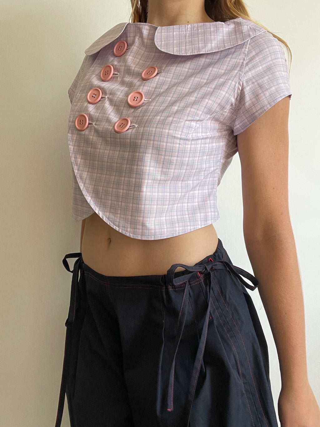 cute purple tartan double breast crop petit coat