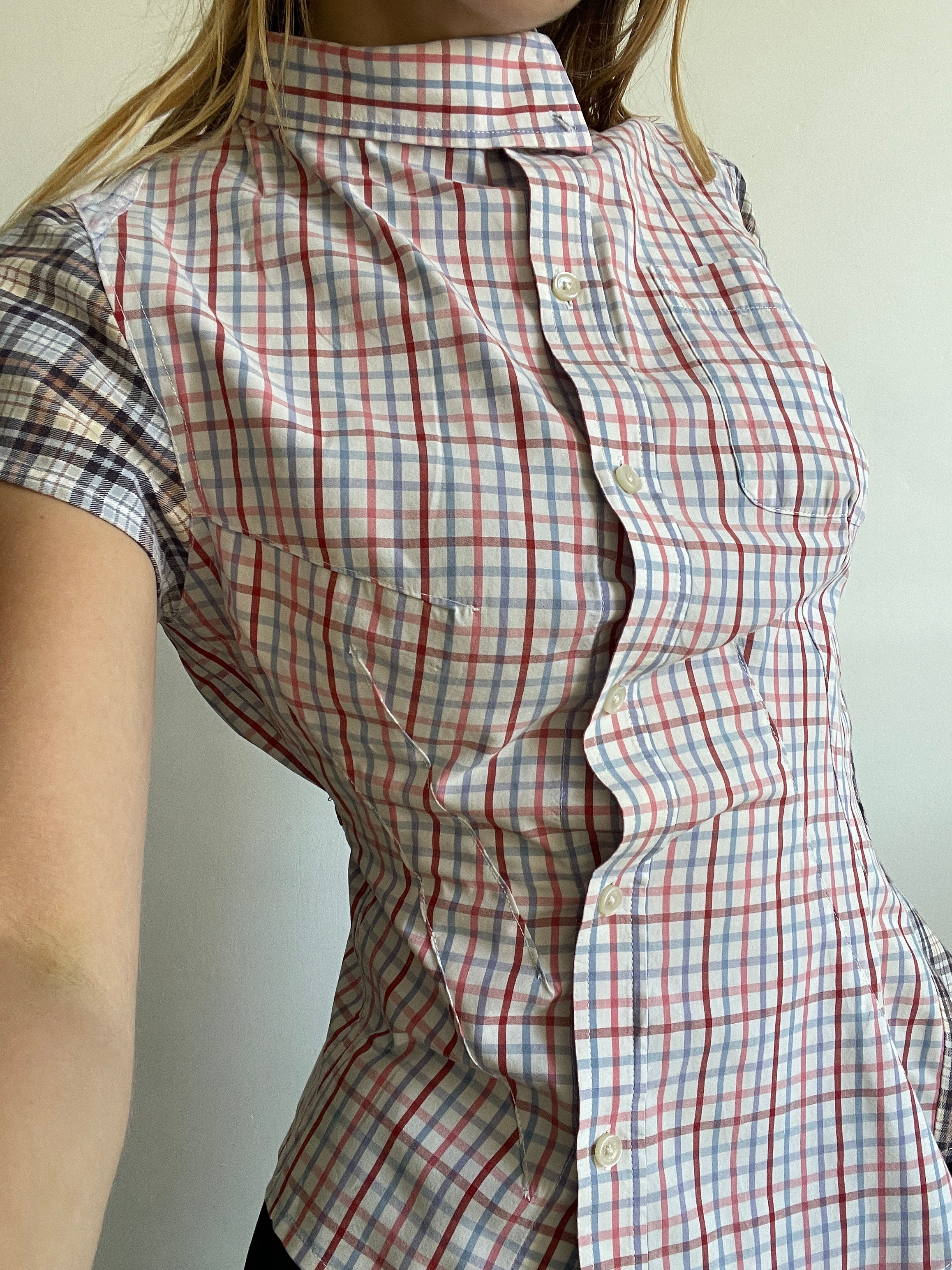 reworked patchwork check print fitted asymmetrical blouse