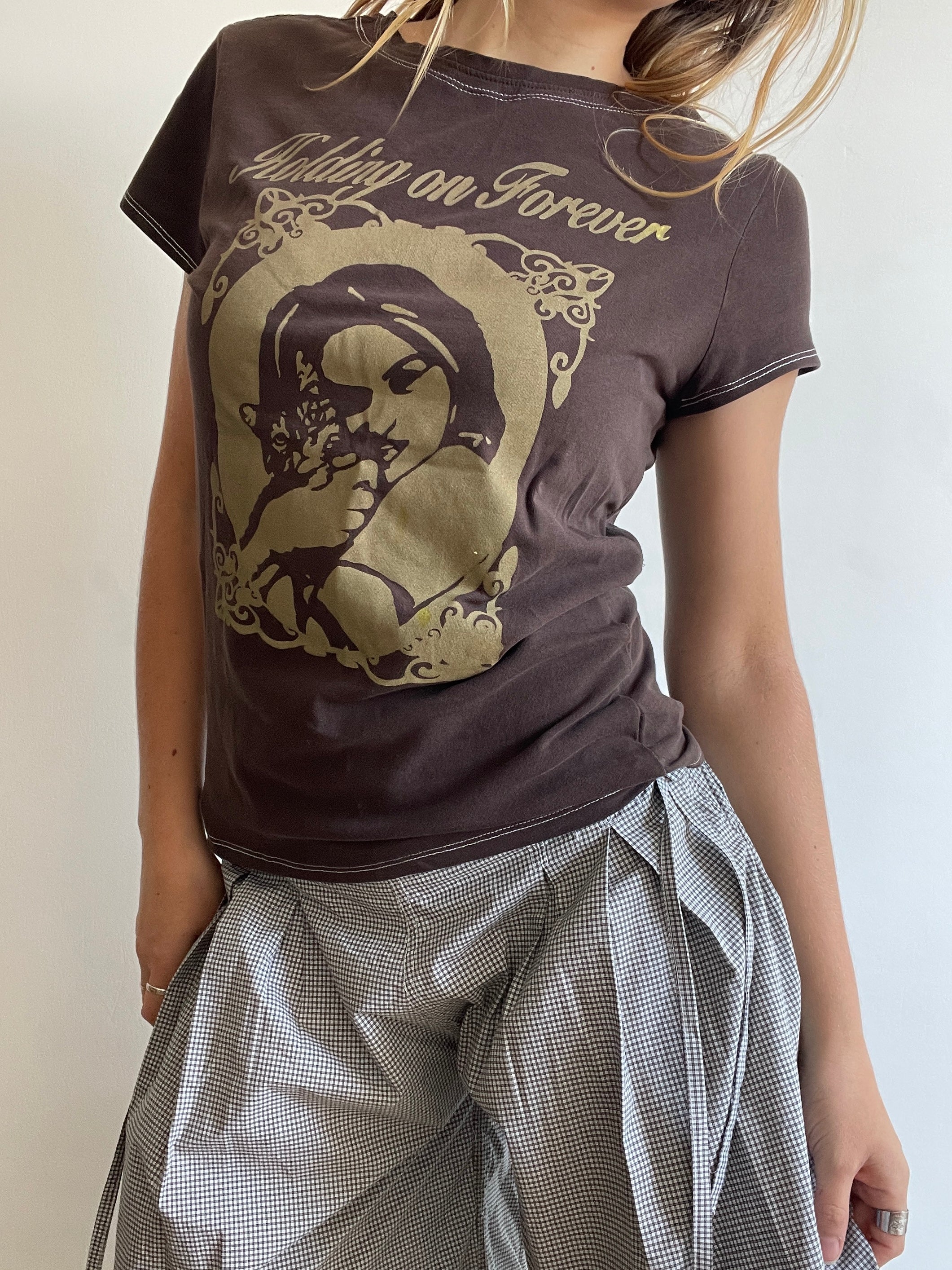 handmade brown and gold holding on forever baby tee