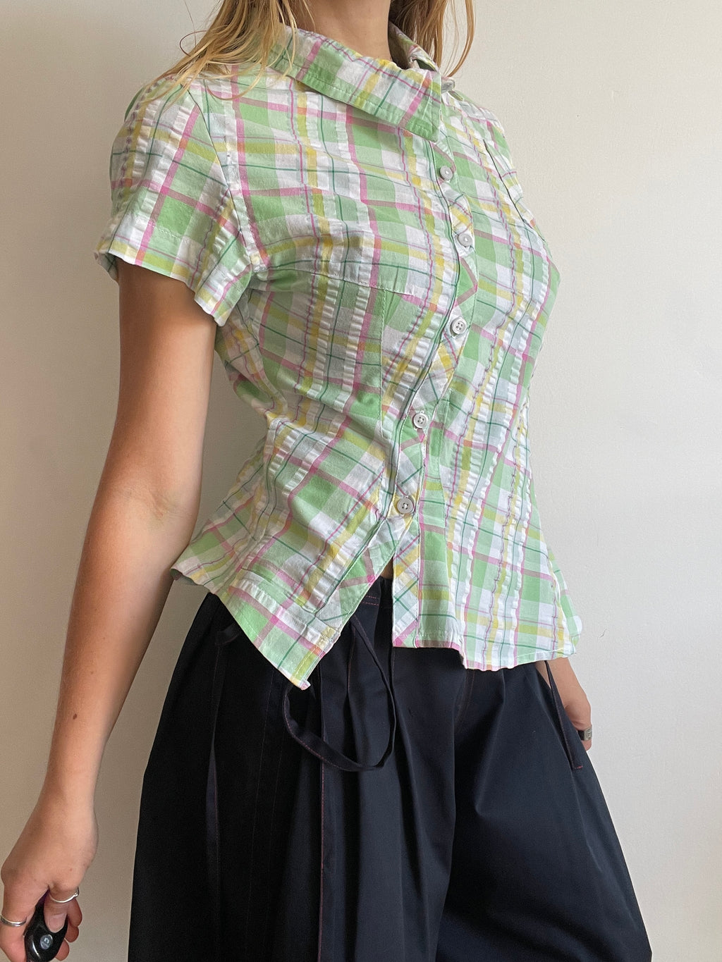 reworked seersucker tartan green pink fitted asymetrical shirt