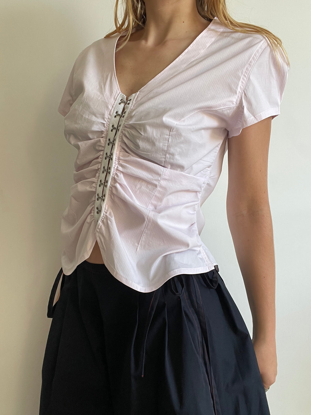 handmade ruched hook and eye pink pinstripe blouse