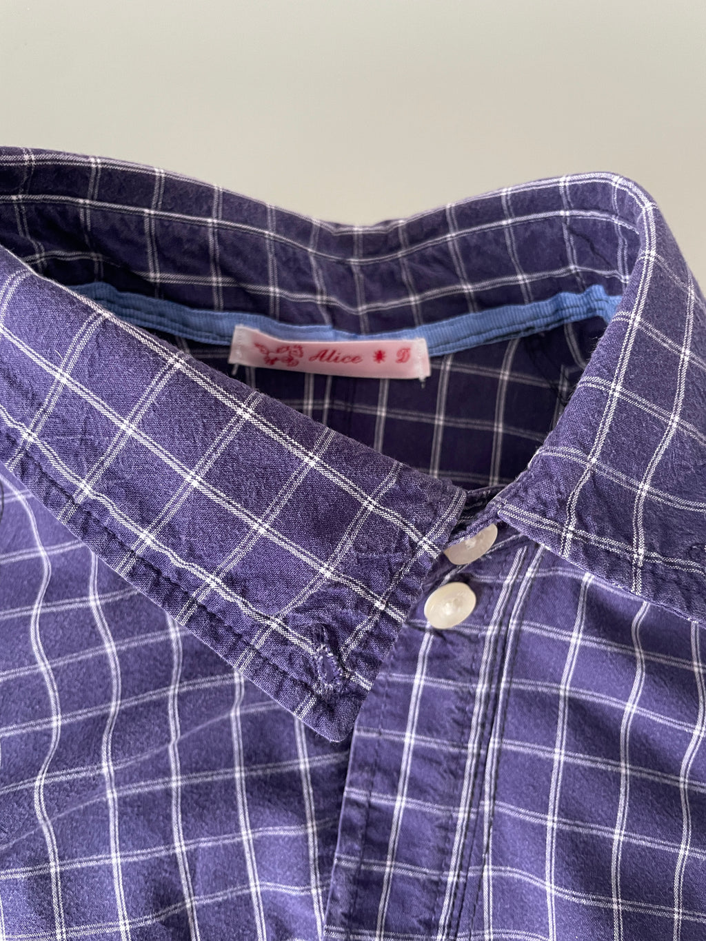 reworked blue grid check fitted blouse