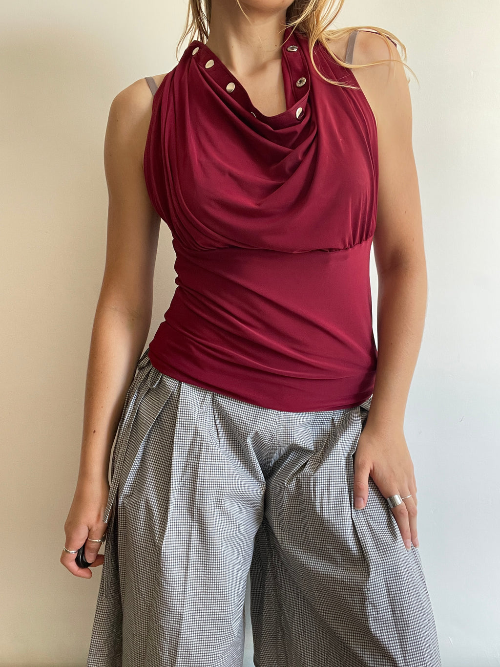 handmade wine red silver popper off shoulder multiwear top