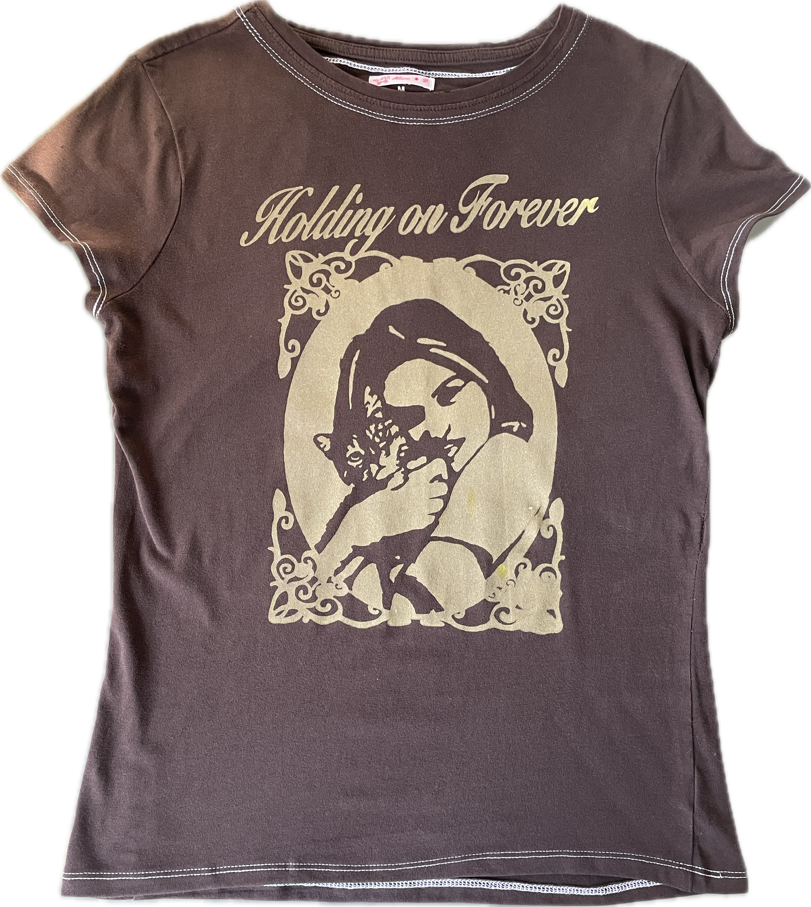 handmade brown and gold holding on forever baby tee