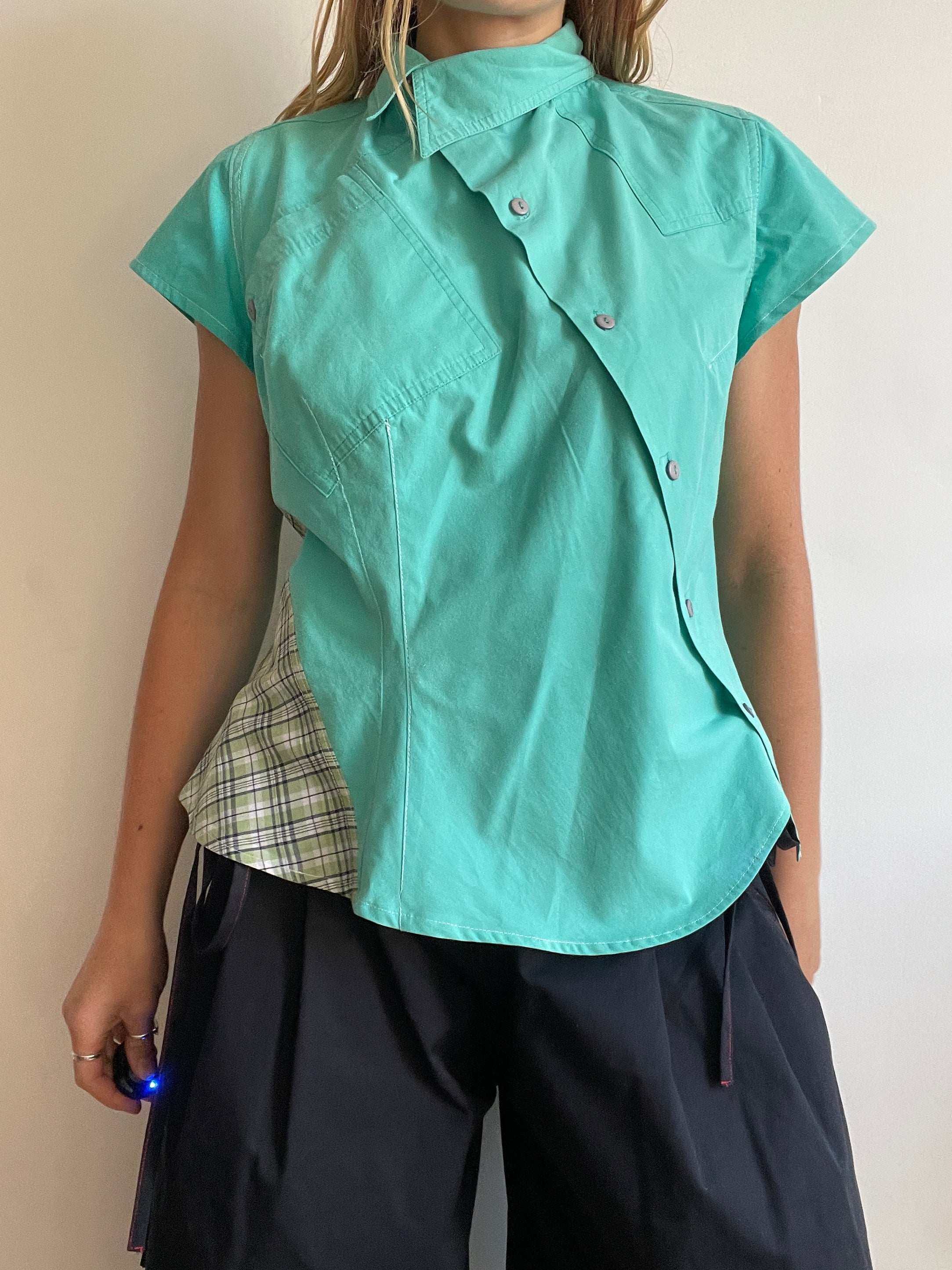 reworked mint patchwork asymmetrical blouse