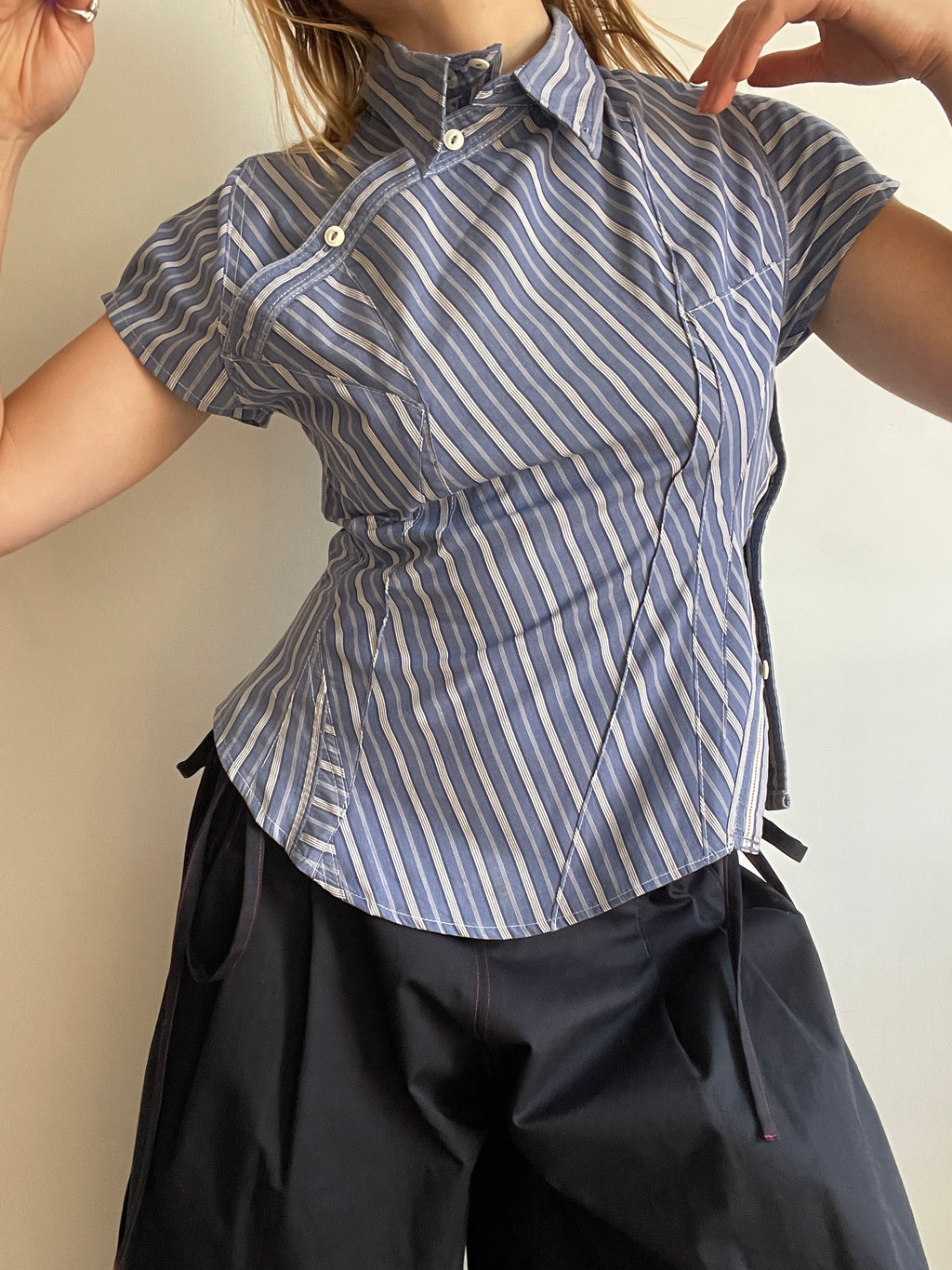 reworked striped double button up asymetrical fitted shirt