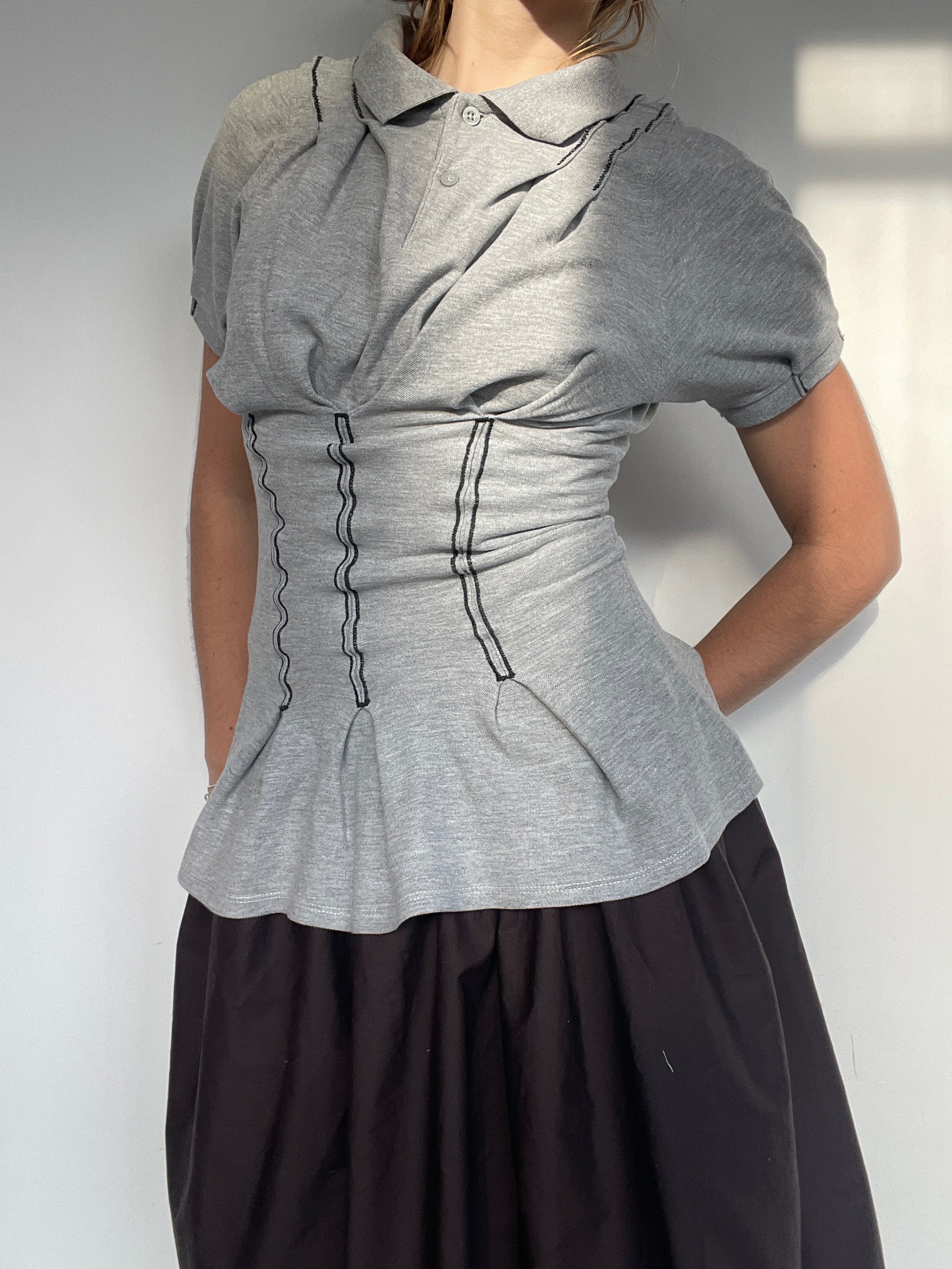 short sleeve corset style reworked polo shirt