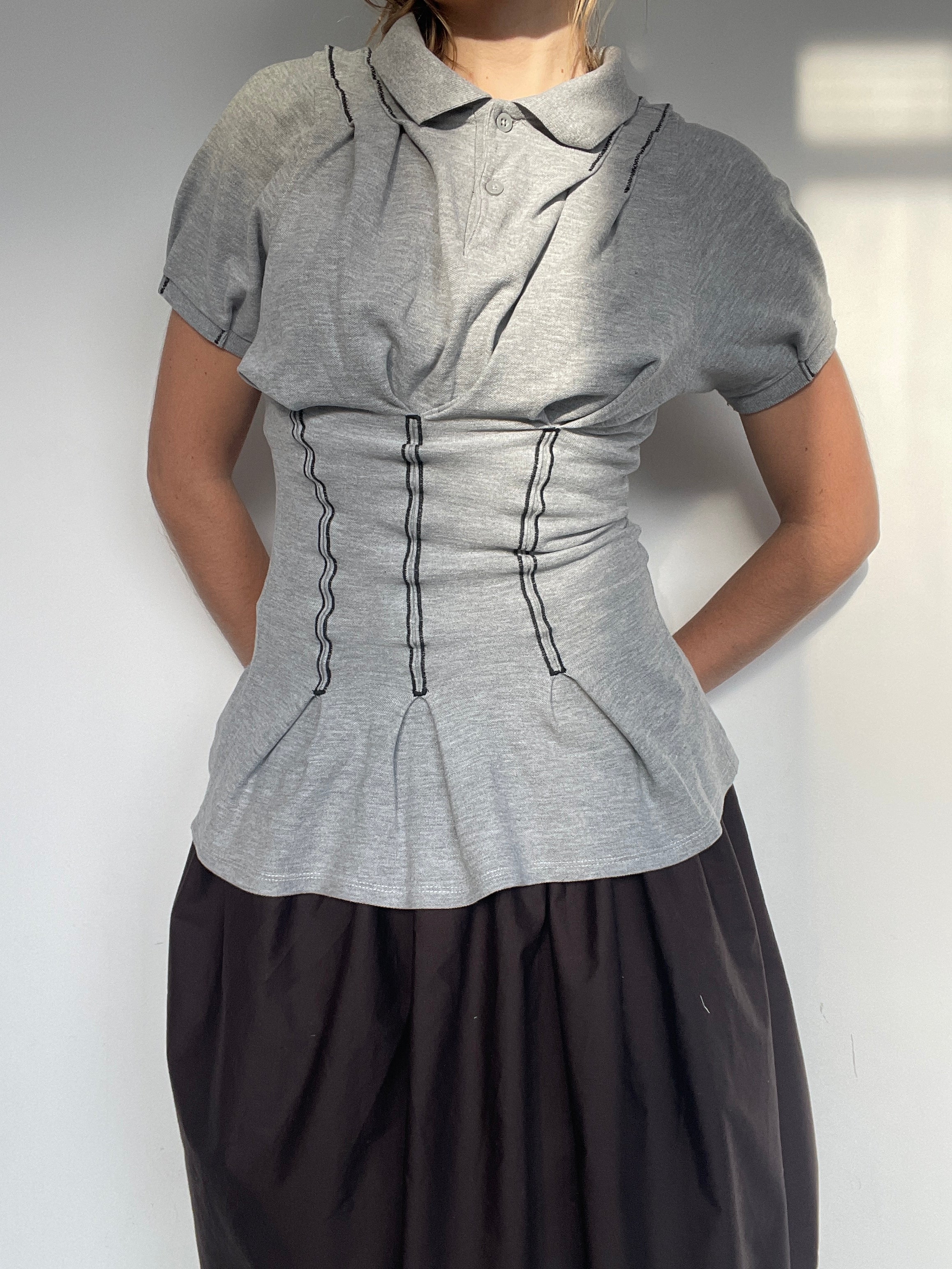 short sleeve corset style reworked polo shirt