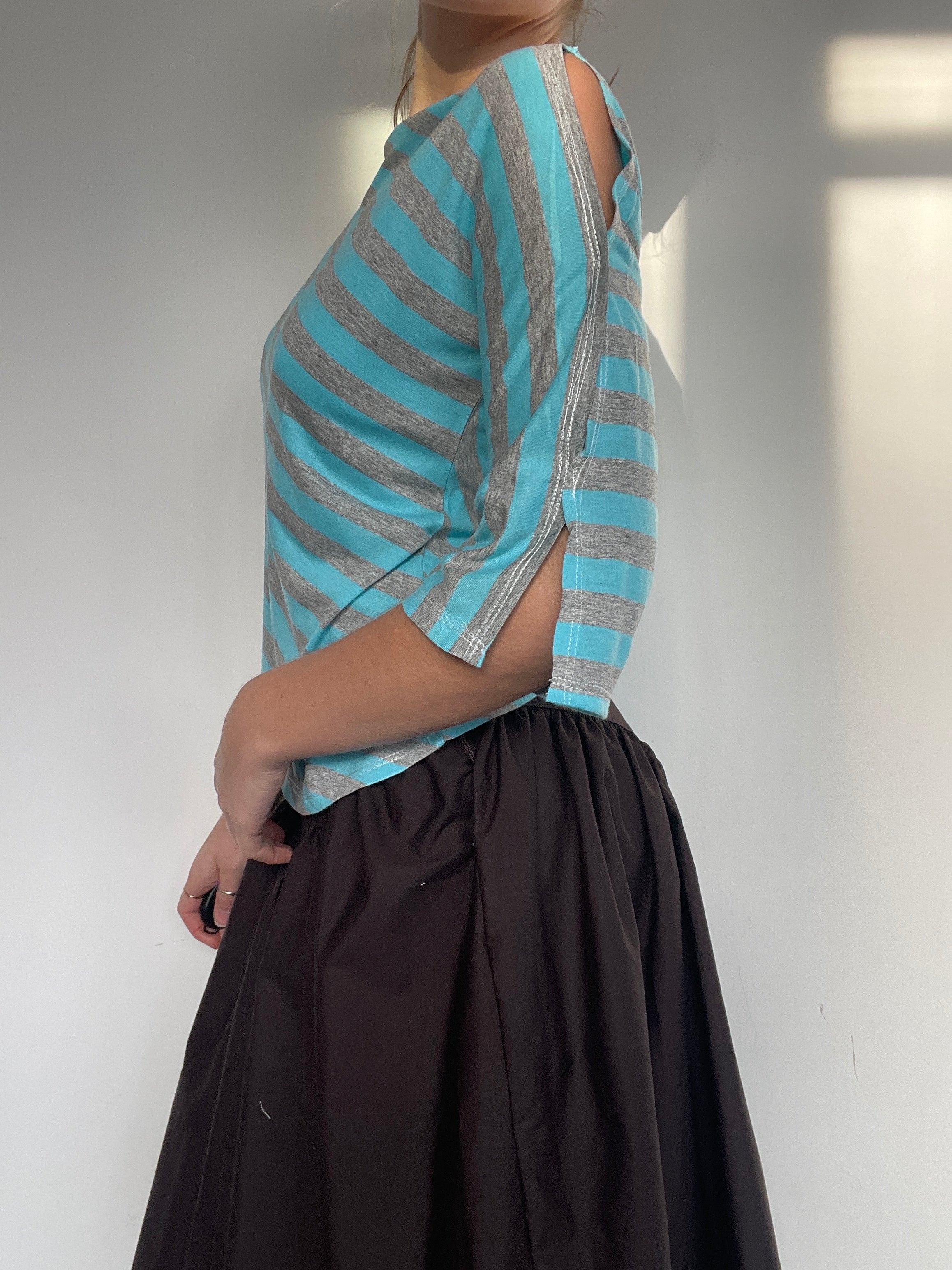 handmade diagonal blue grey stripe 3/4 split sleeve