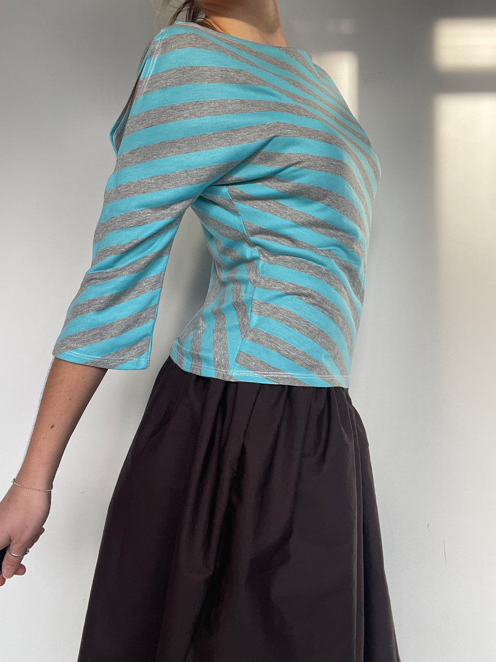 handmade diagonal blue grey stripe 3/4 split sleeve