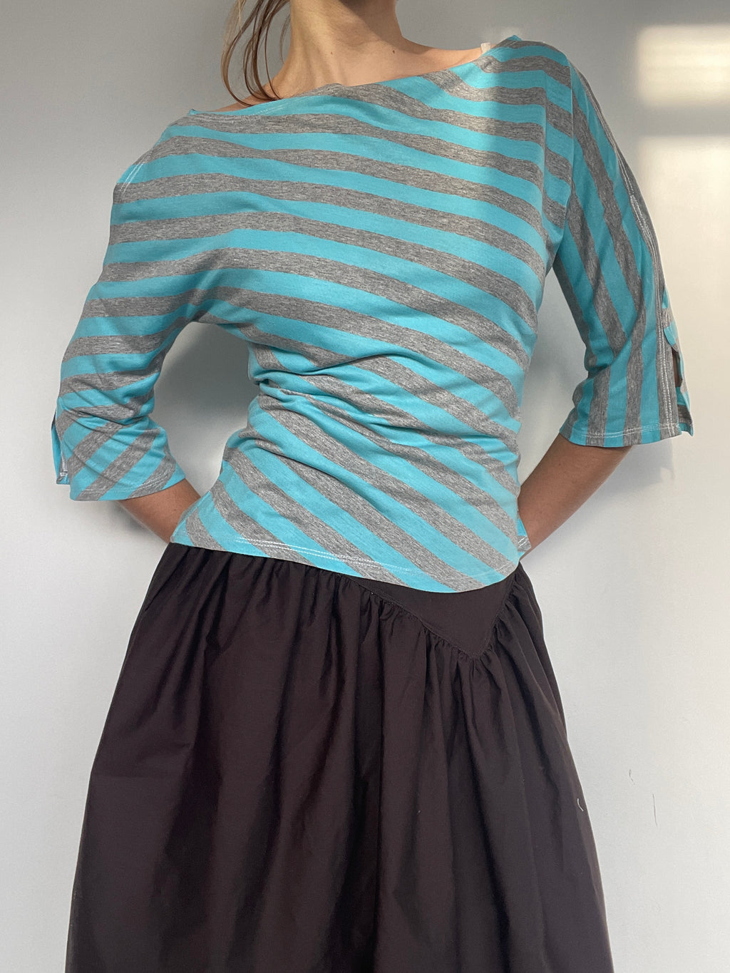 handmade diagonal blue grey stripe 3/4 split sleeve