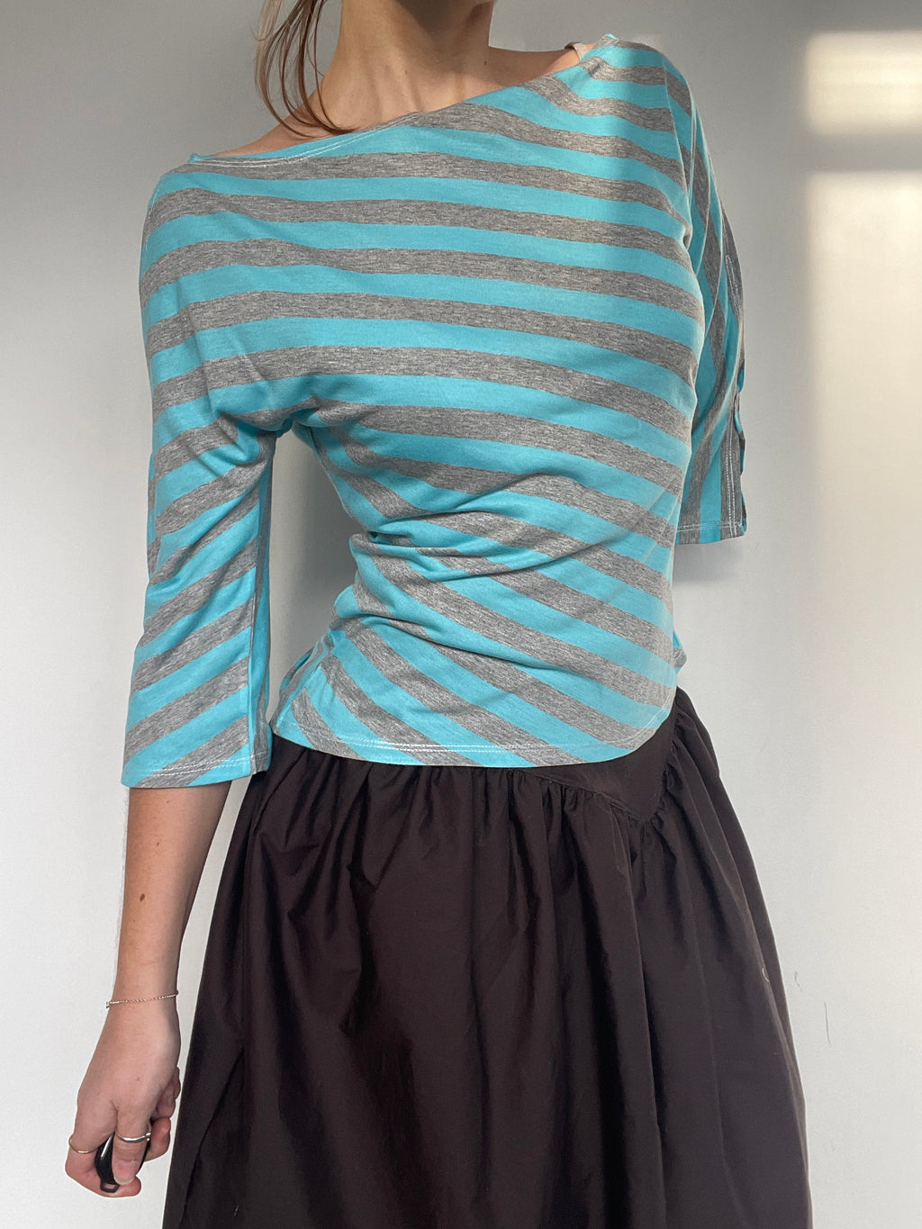 handmade diagonal blue grey stripe 3/4 split sleeve