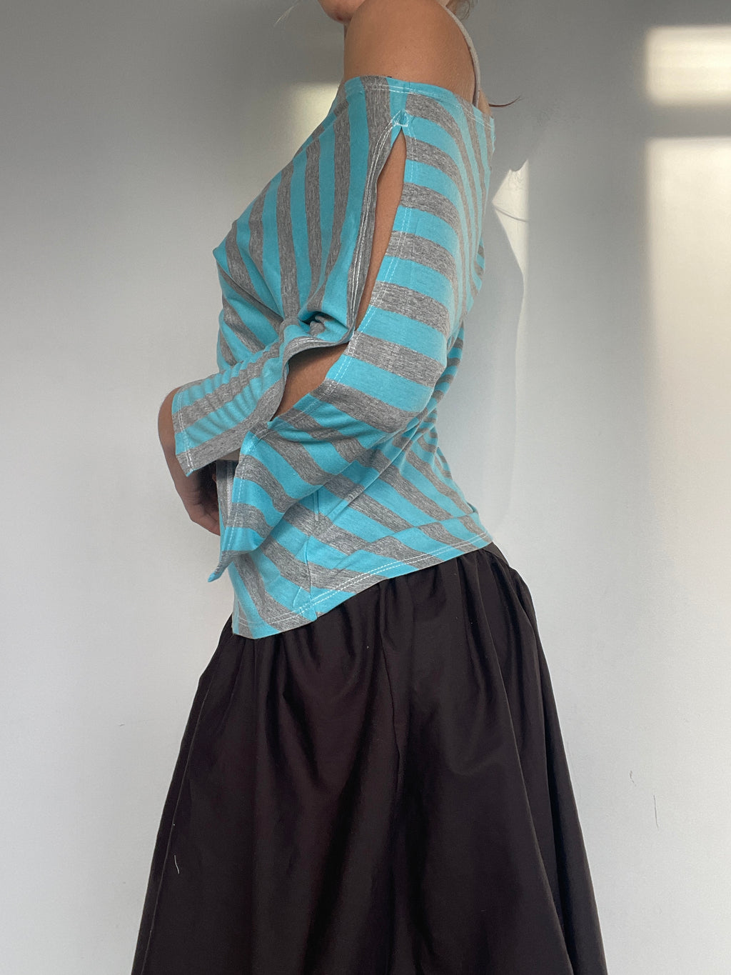 handmade diagonal blue grey stripe 3/4 split sleeve