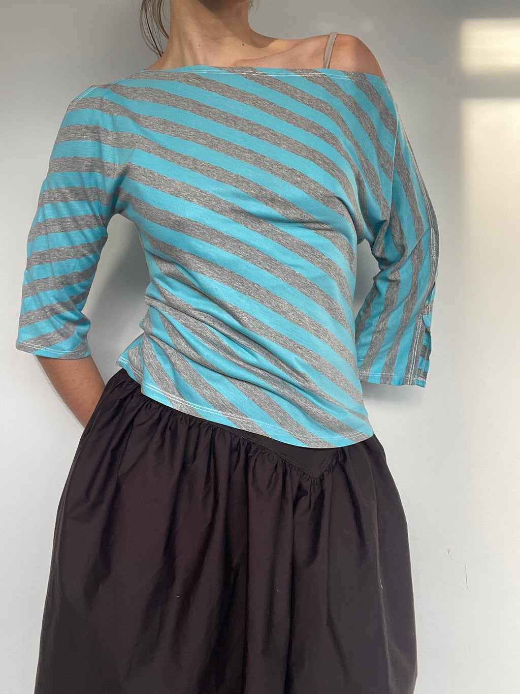 handmade diagonal blue grey stripe 3/4 split sleeve