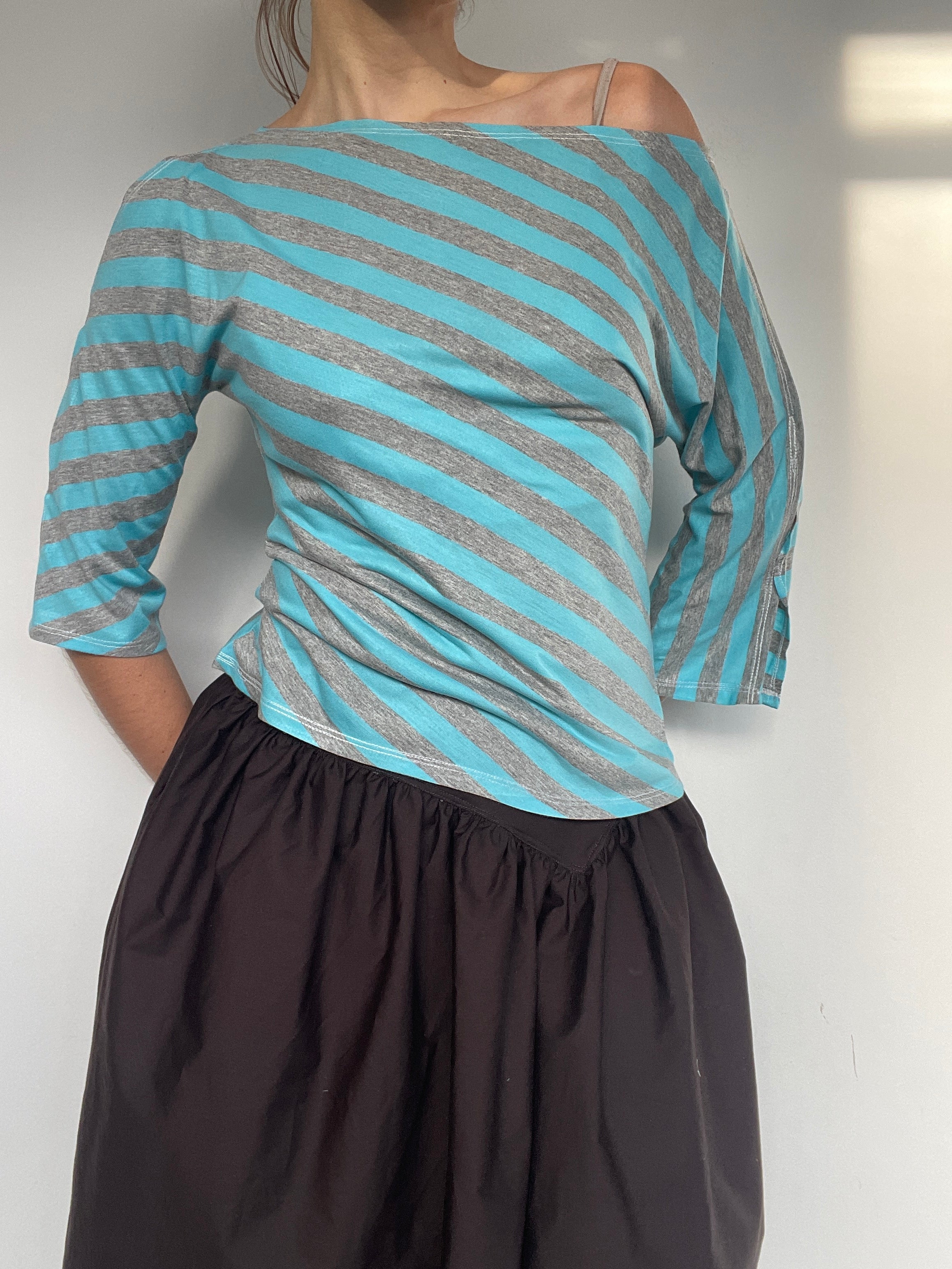 handmade diagonal blue grey stripe 3/4 split sleeve