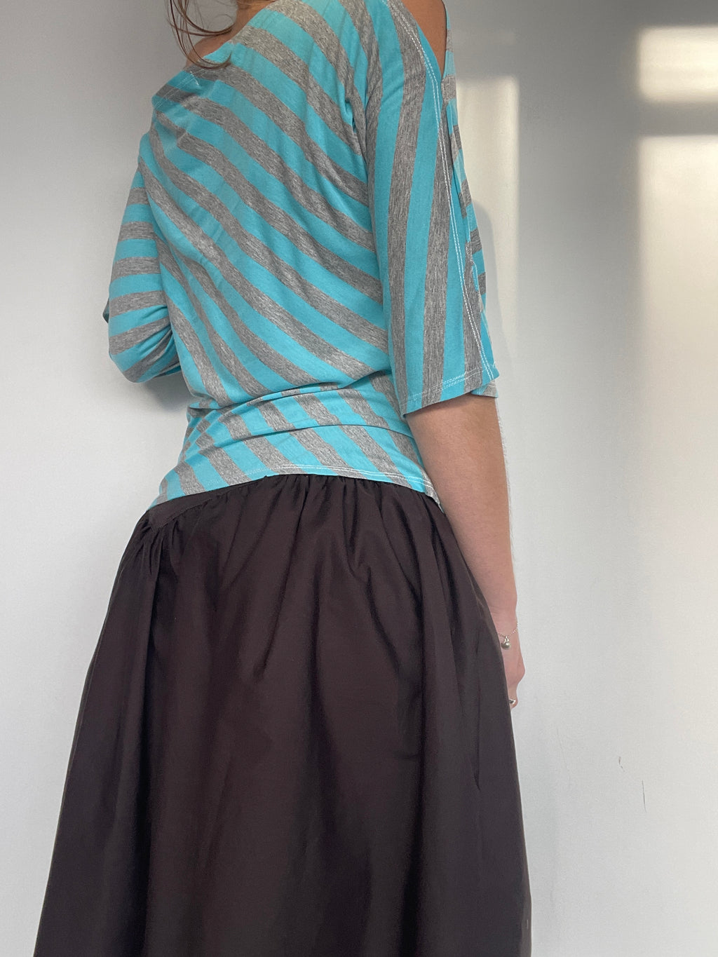 handmade diagonal blue grey stripe 3/4 split sleeve