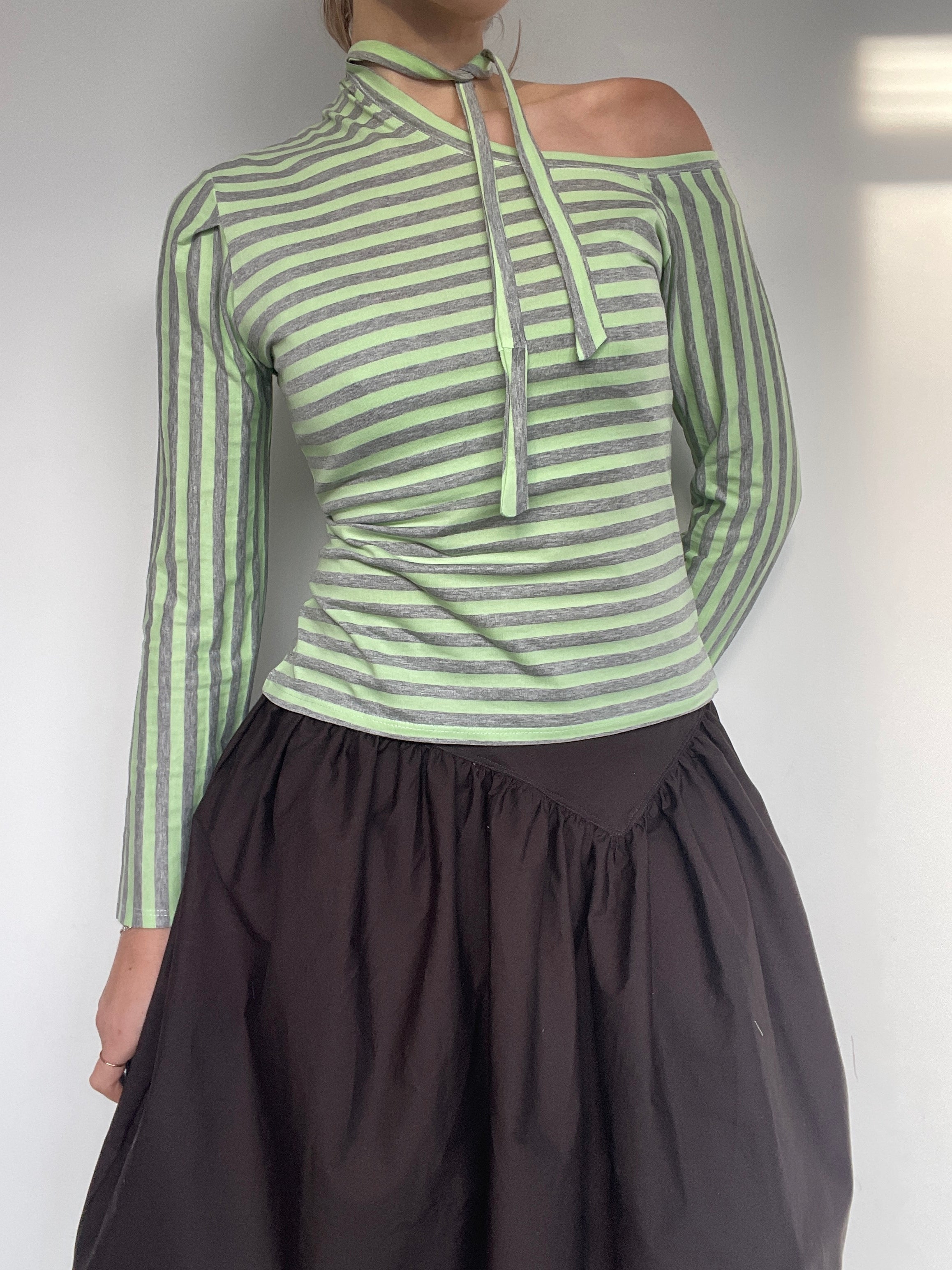 handmade off shoulder cut out tie up long sleeve