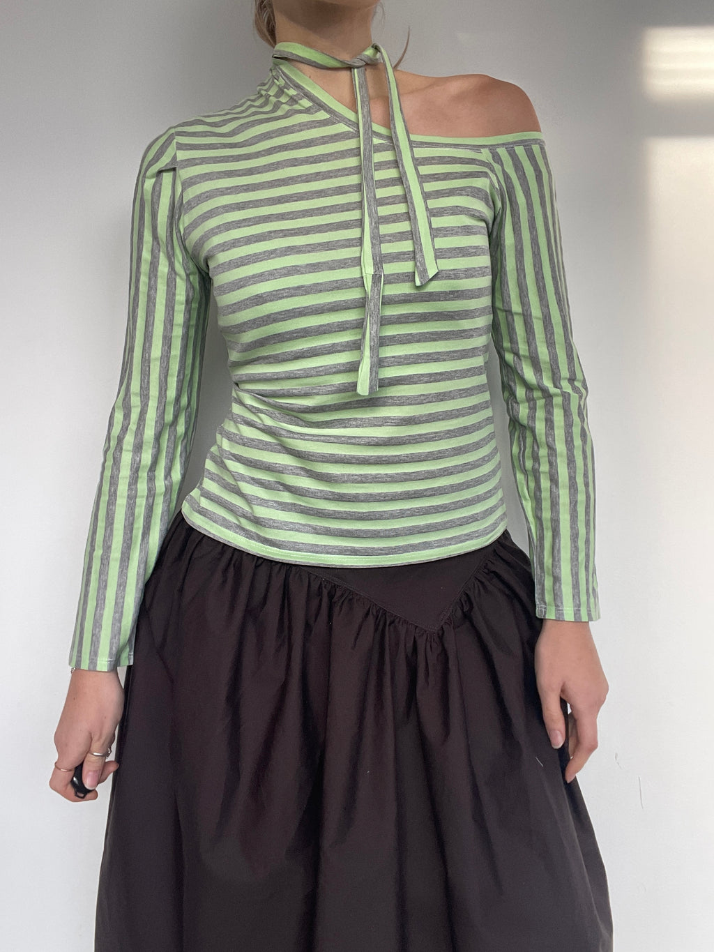 handmade off shoulder cut out tie up long sleeve