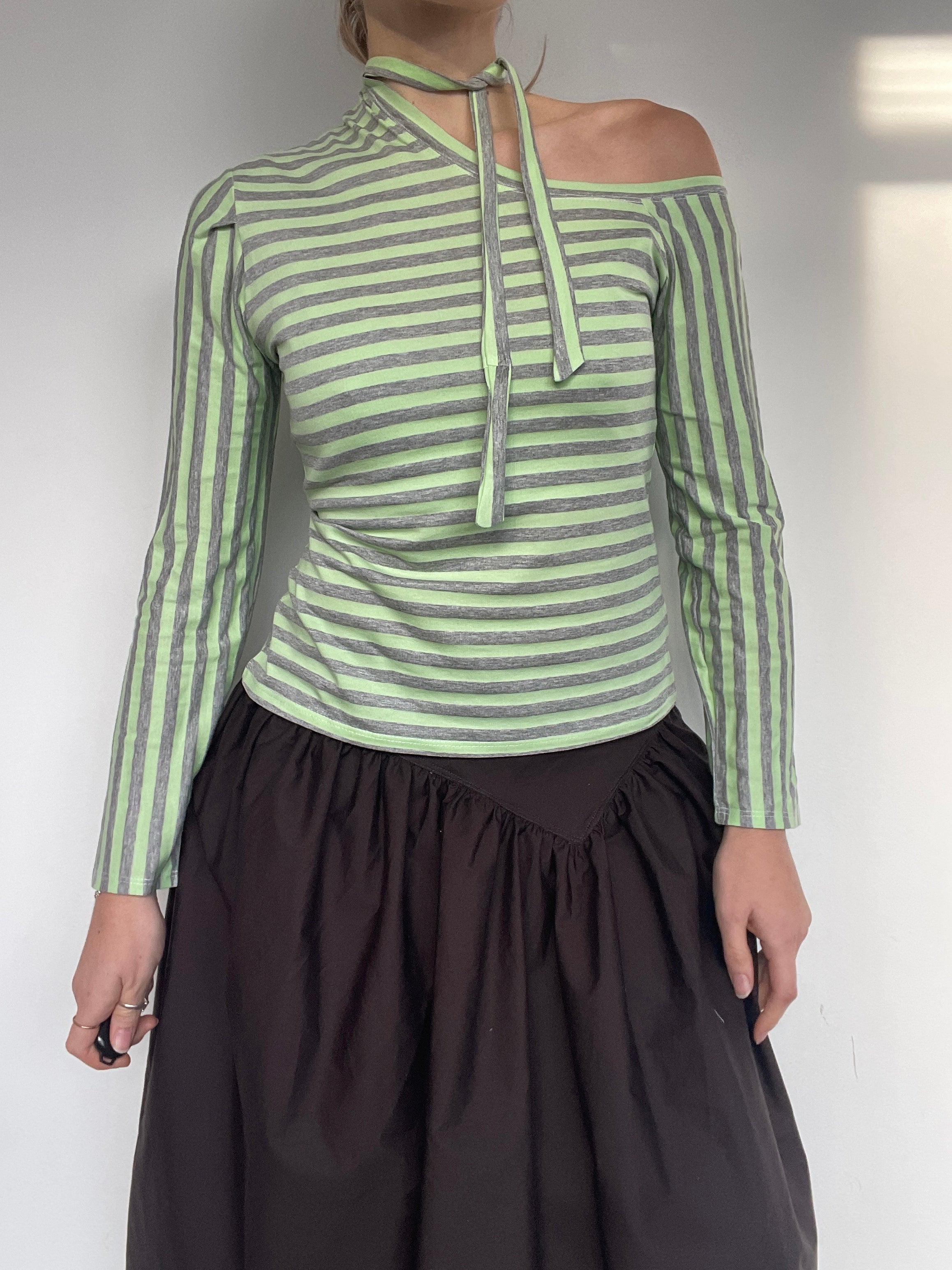 handmade off shoulder cut out tie up long sleeve