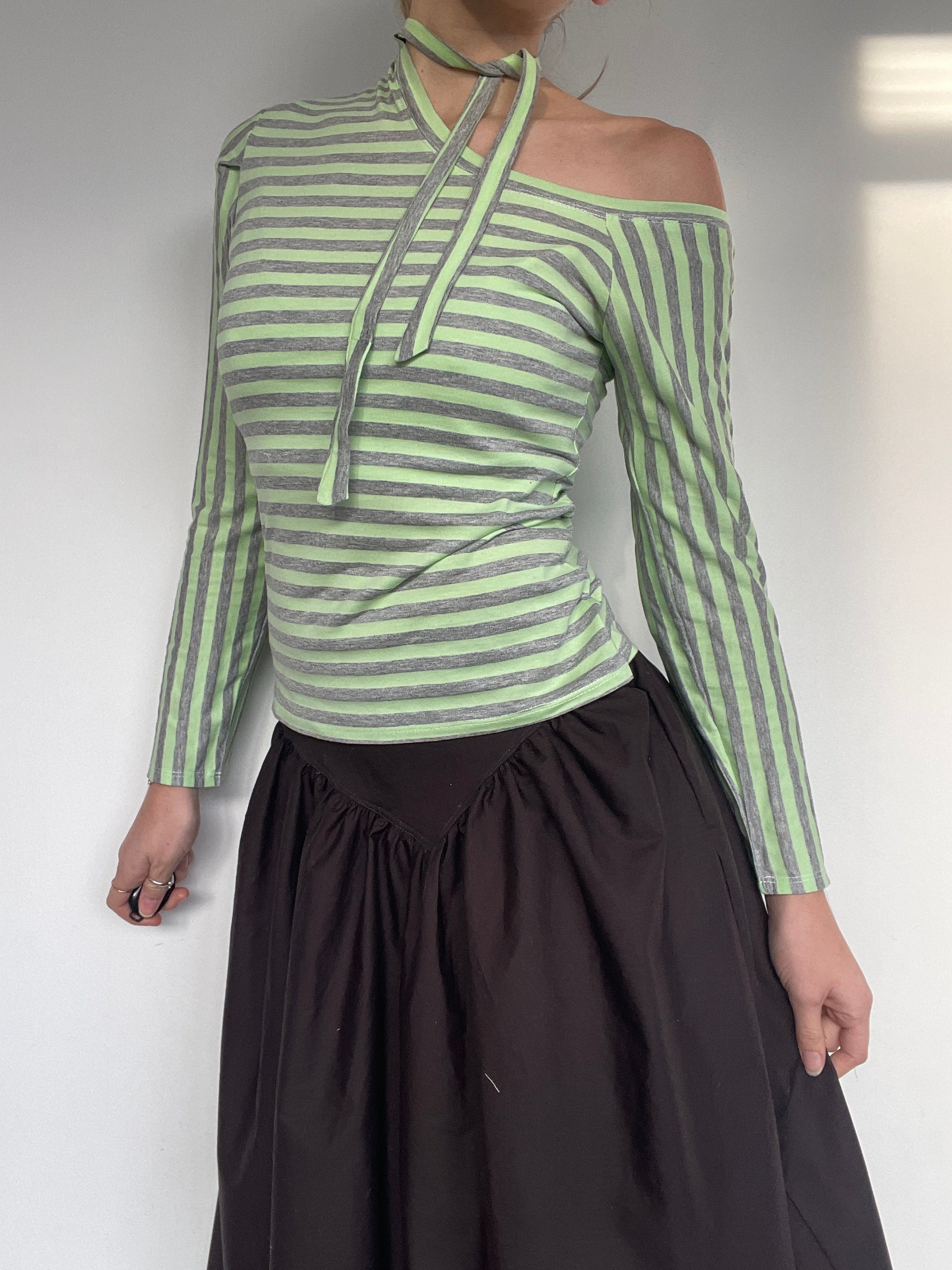 handmade off shoulder cut out tie up long sleeve