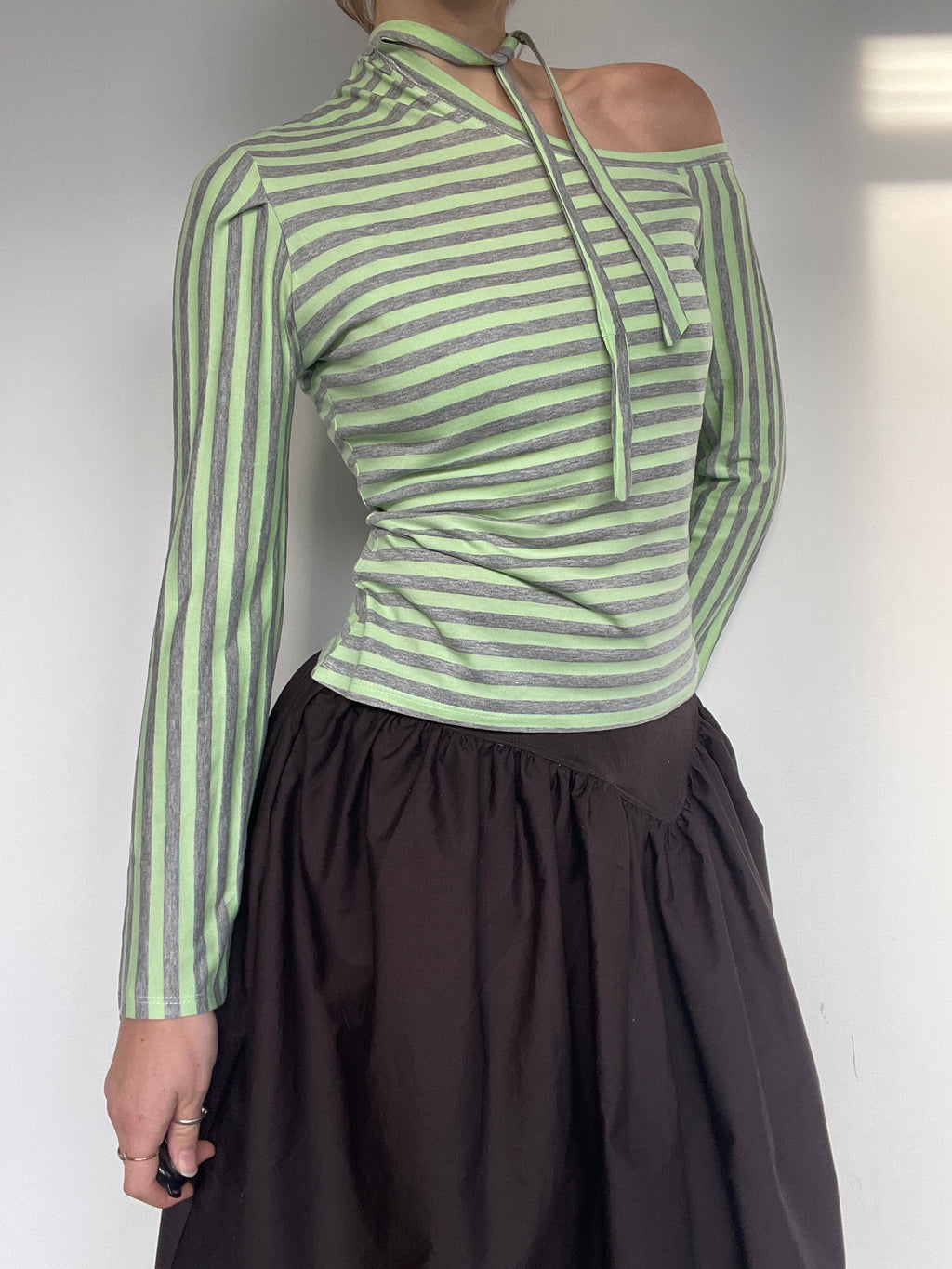 handmade off shoulder cut out tie up long sleeve