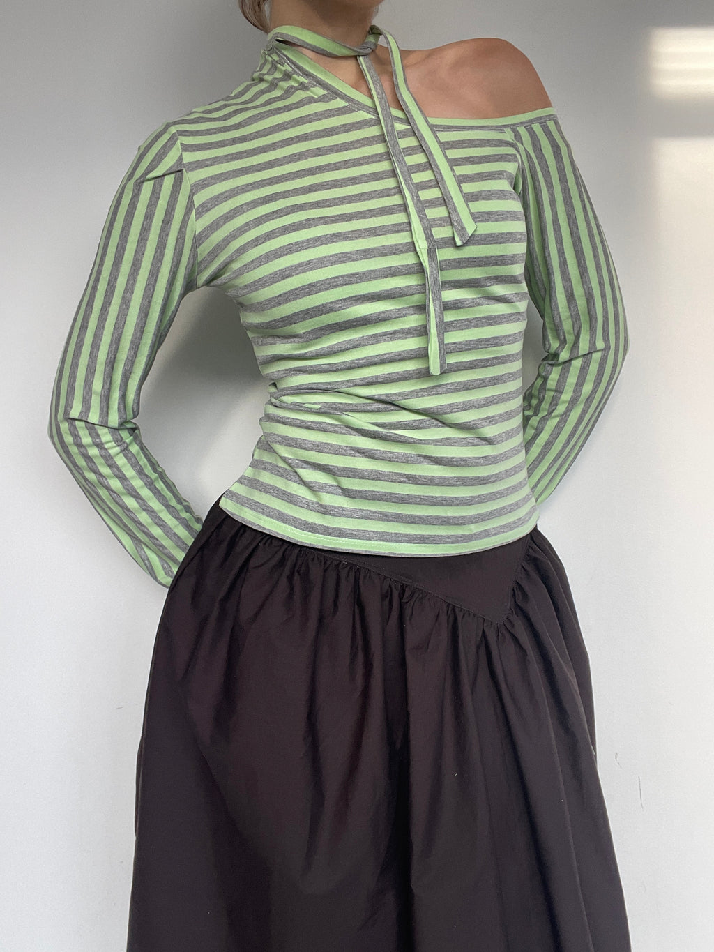 handmade off shoulder cut out tie up long sleeve