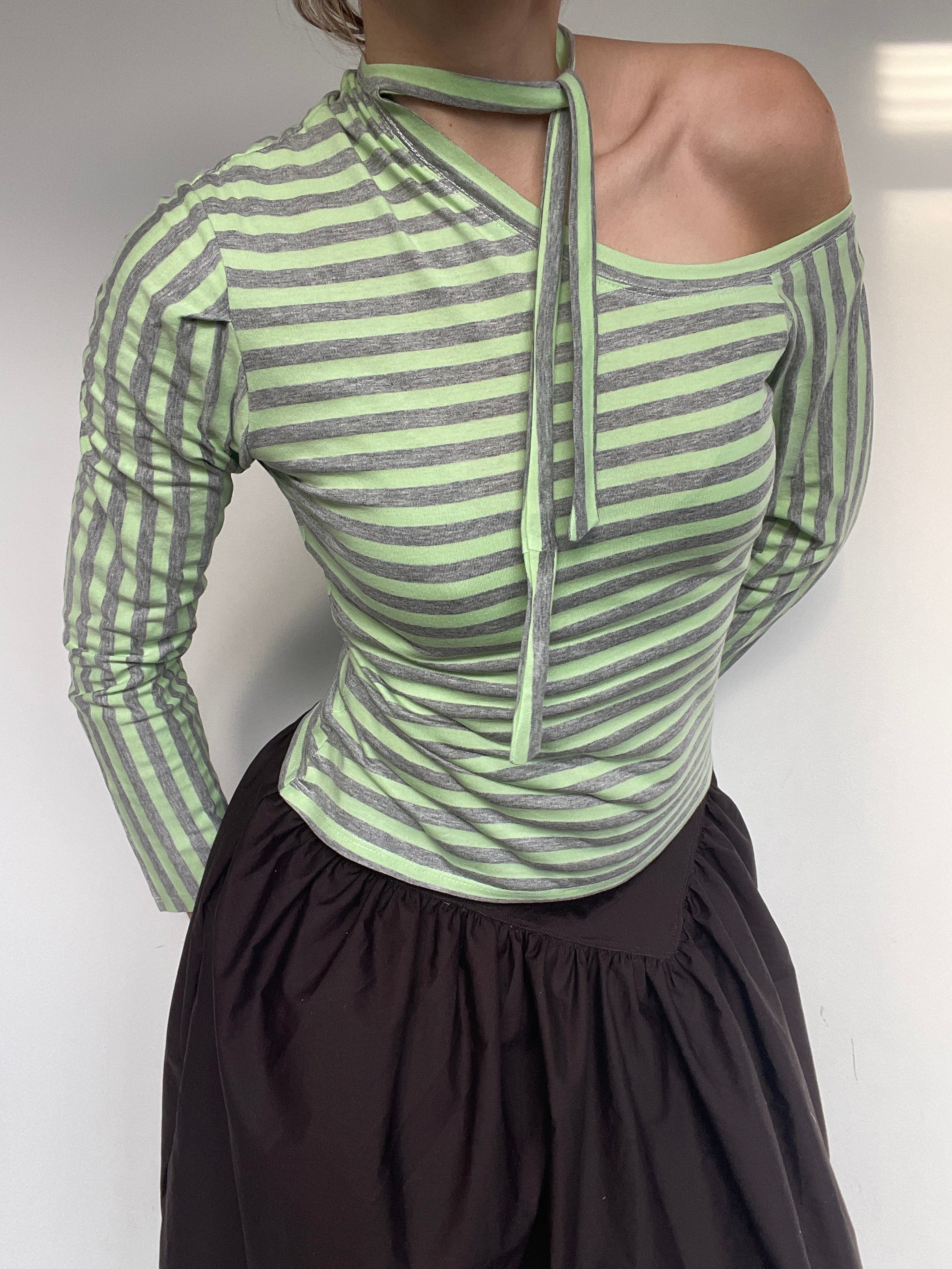 handmade off shoulder cut out tie up long sleeve