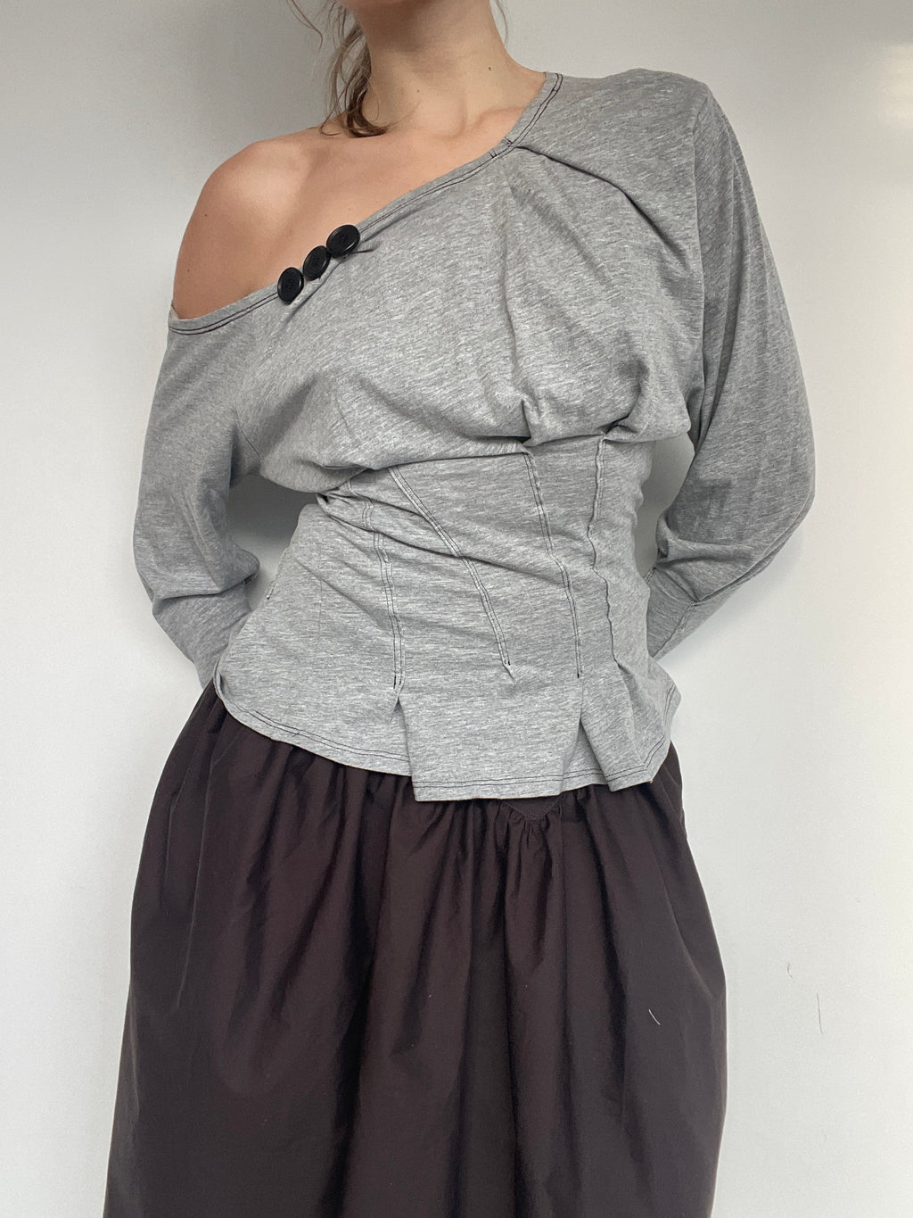 reworked long sleeve milkmaid style off shoulder top