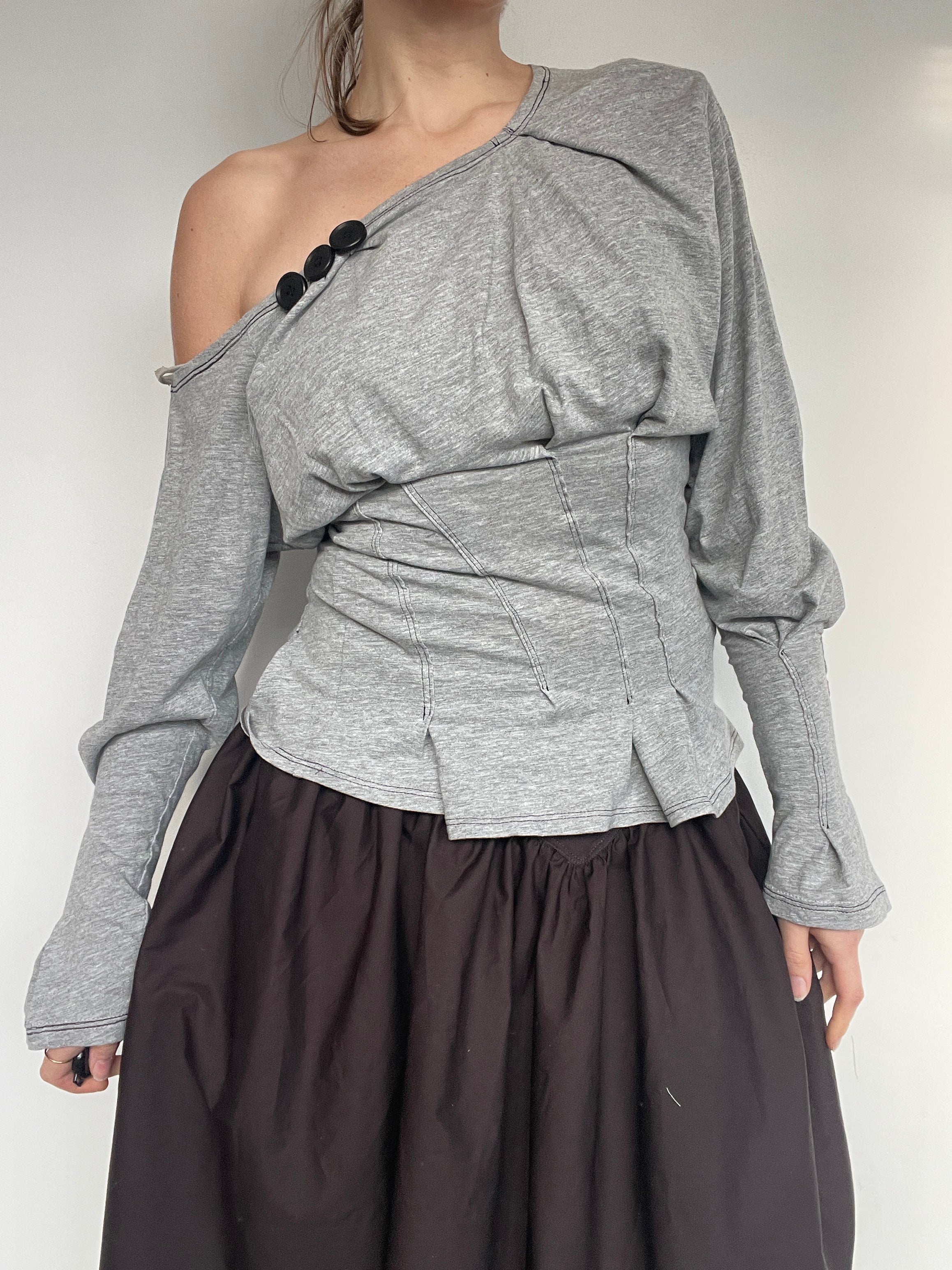 reworked long sleeve milkmaid style off shoulder top