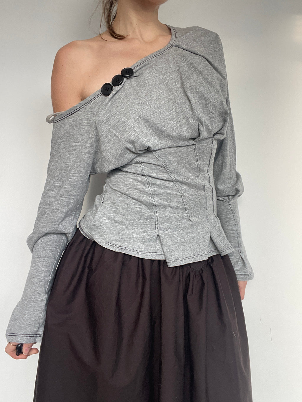 reworked long sleeve milkmaid style off shoulder top
