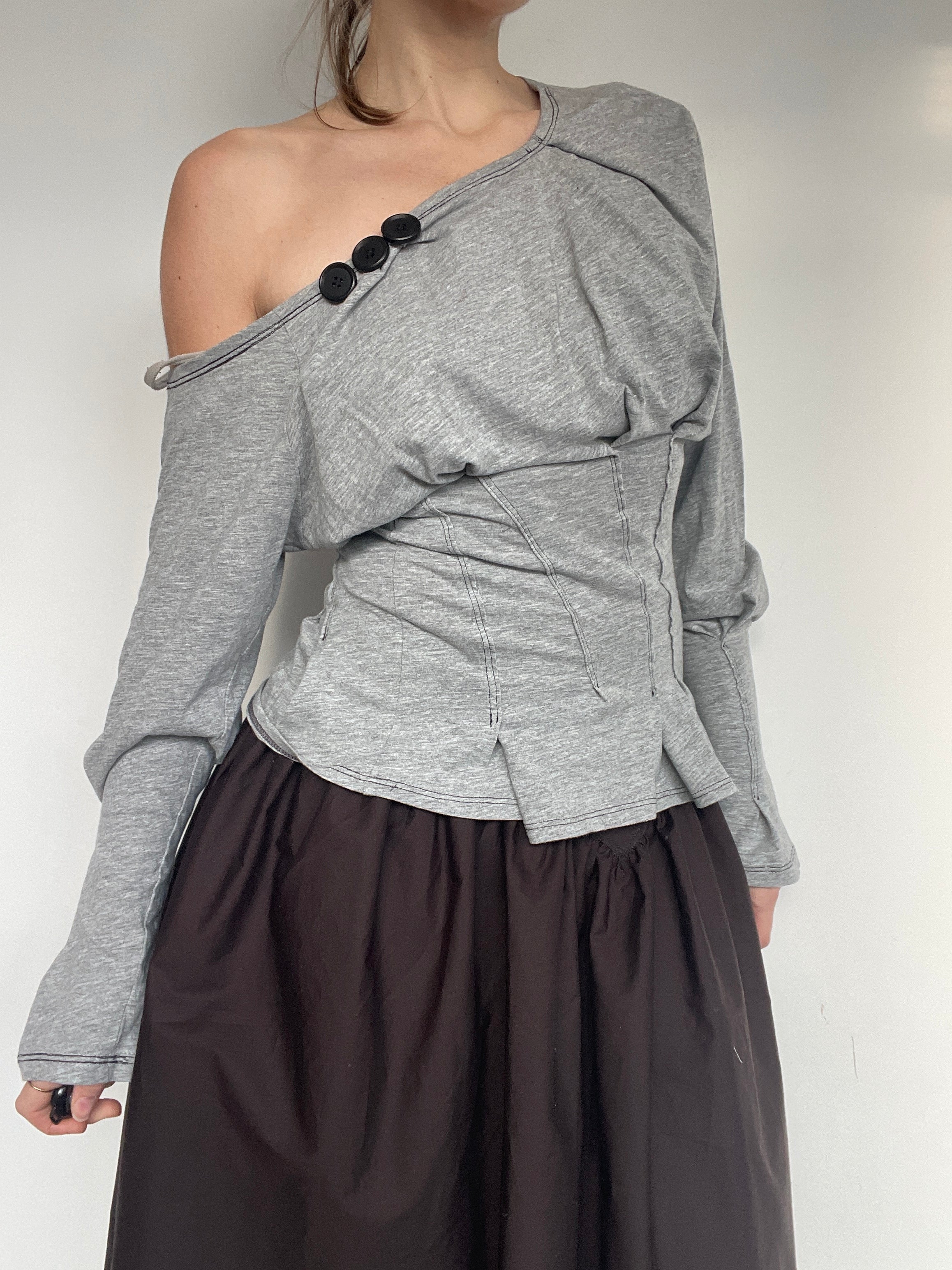 reworked long sleeve milkmaid style off shoulder top