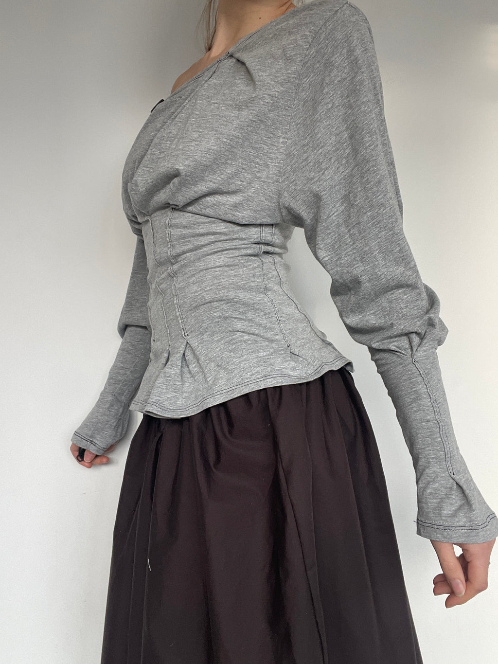 reworked long sleeve milkmaid style off shoulder top