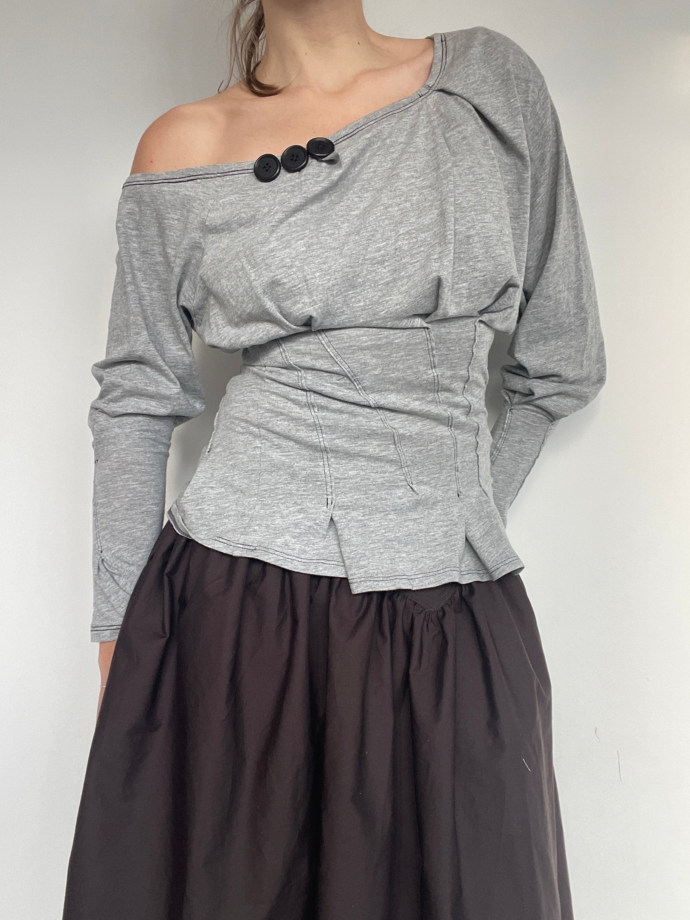 reworked long sleeve milkmaid style off shoulder top