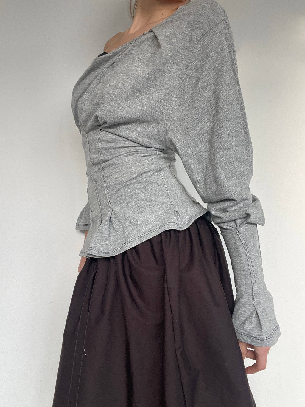 reworked long sleeve milkmaid style off shoulder top