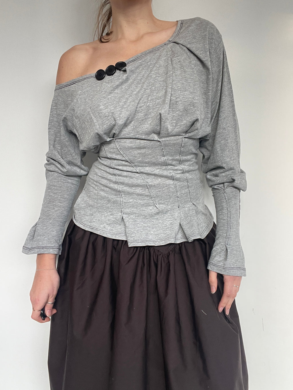 reworked long sleeve milkmaid style off shoulder top
