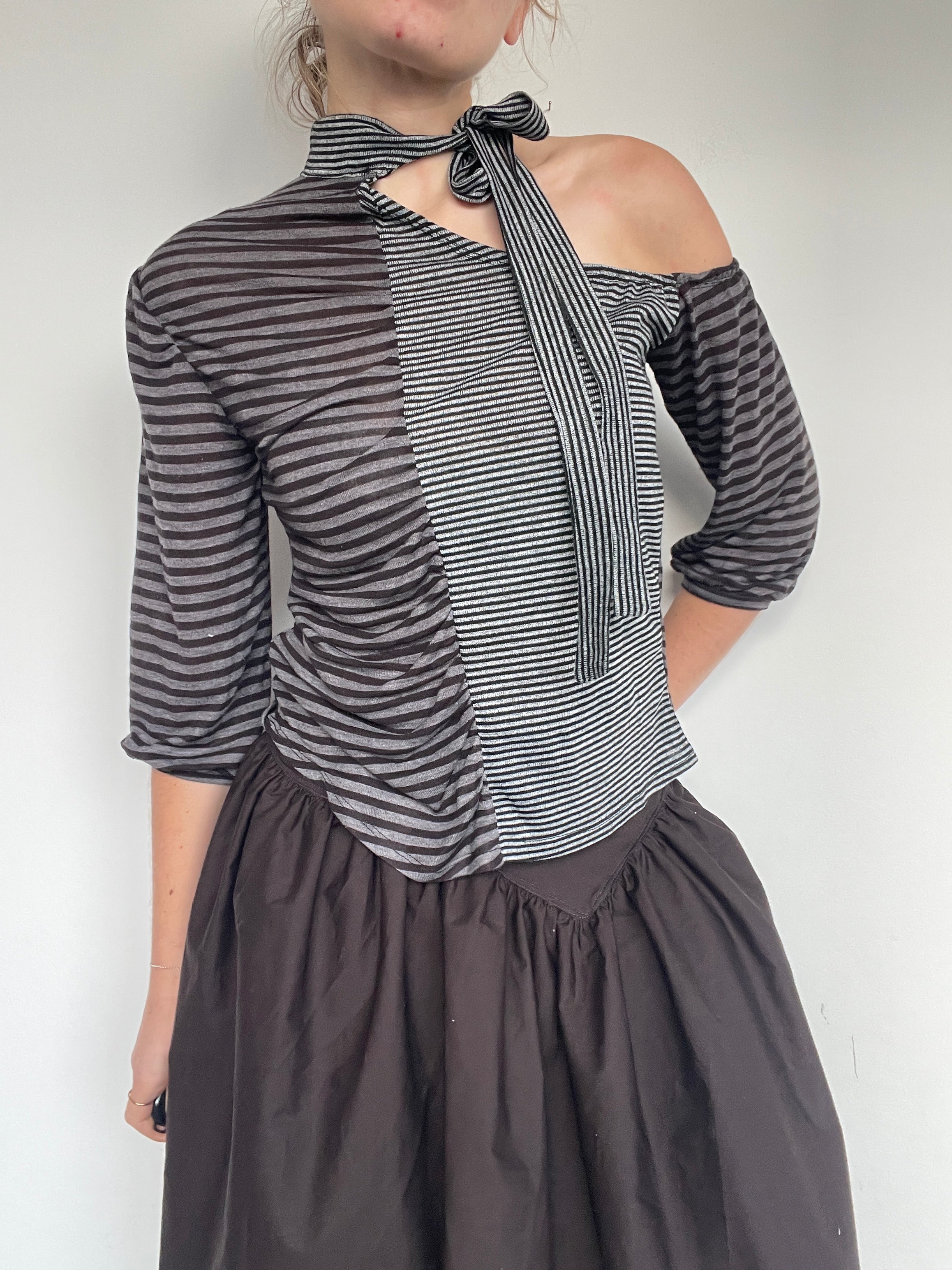 handmade off the shoulder pinstripe grey slinky top