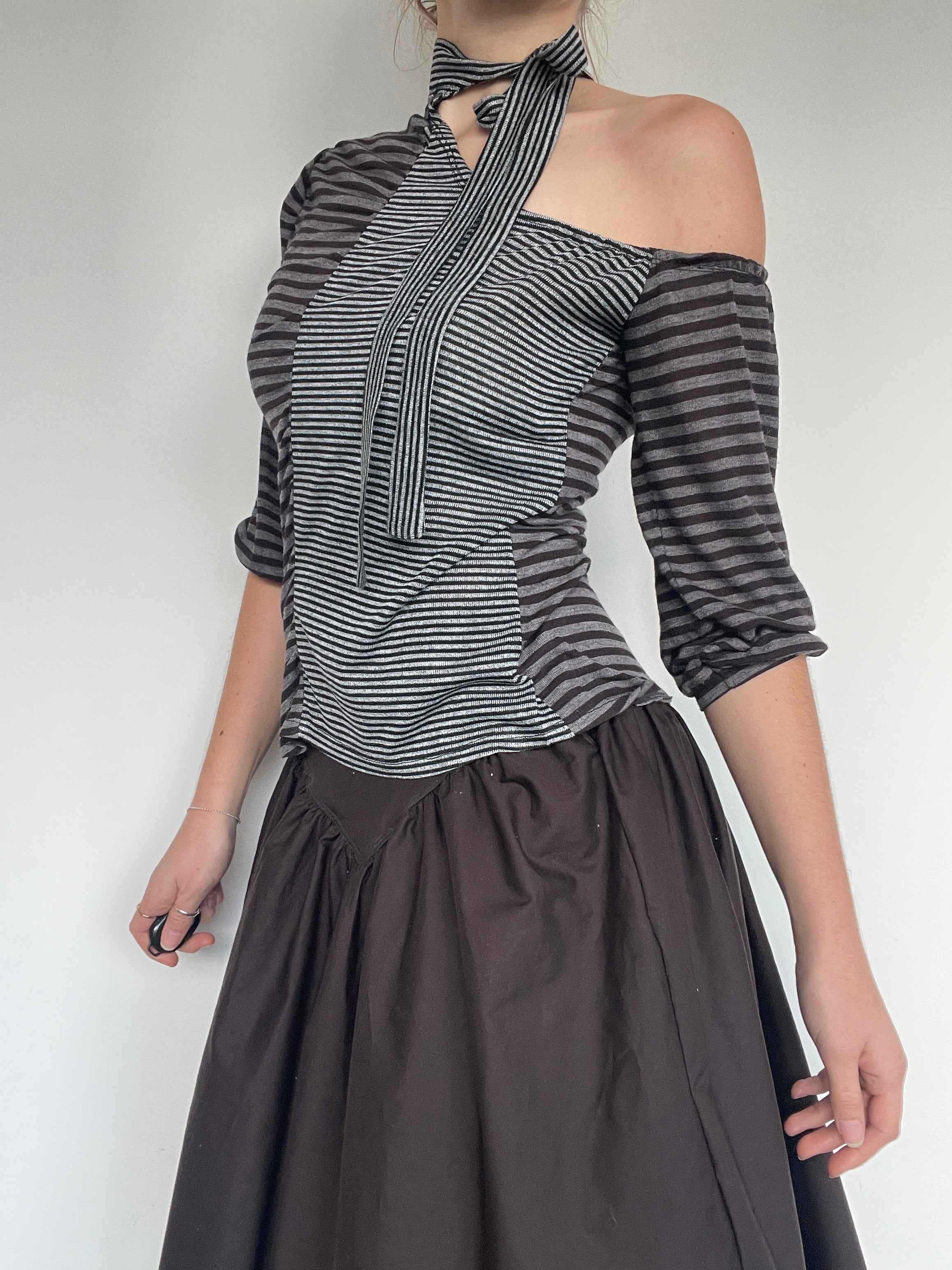 handmade off the shoulder pinstripe grey slinky top