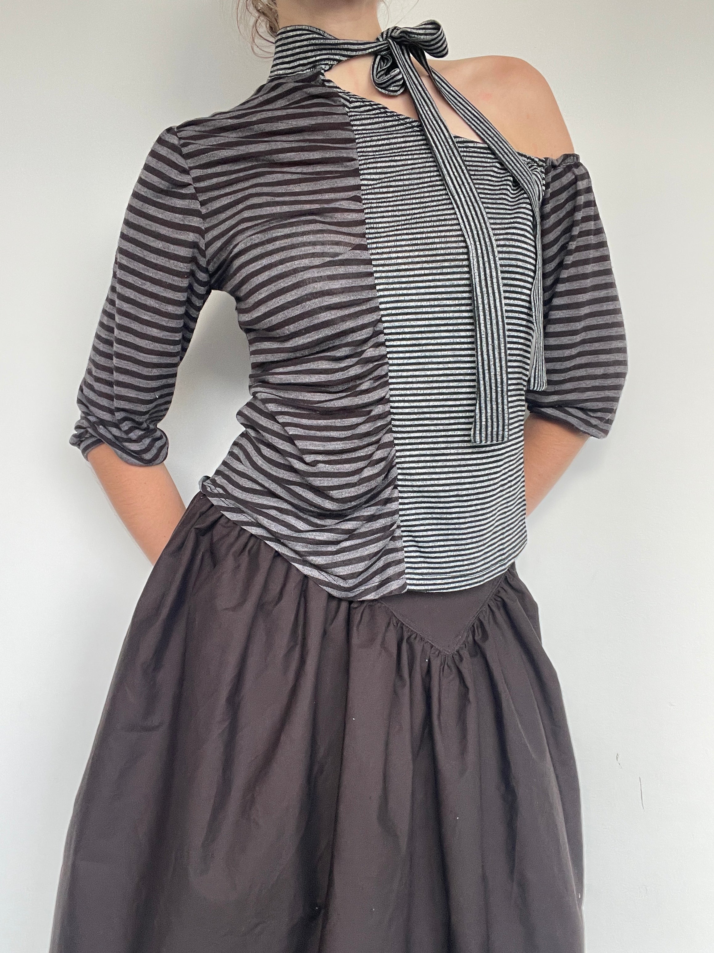 handmade off the shoulder pinstripe grey slinky top