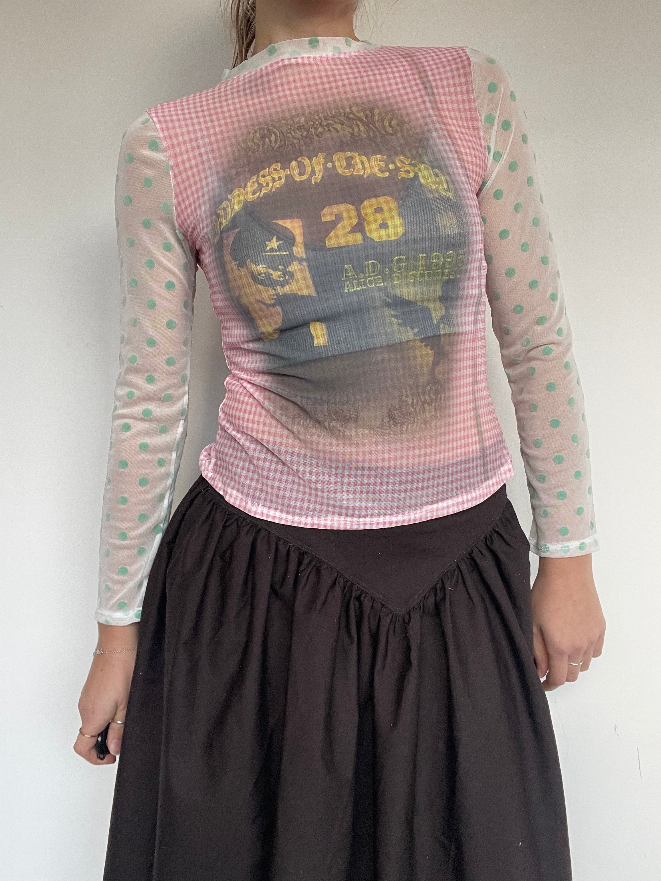handmade polka dot gingham mesh punk print top