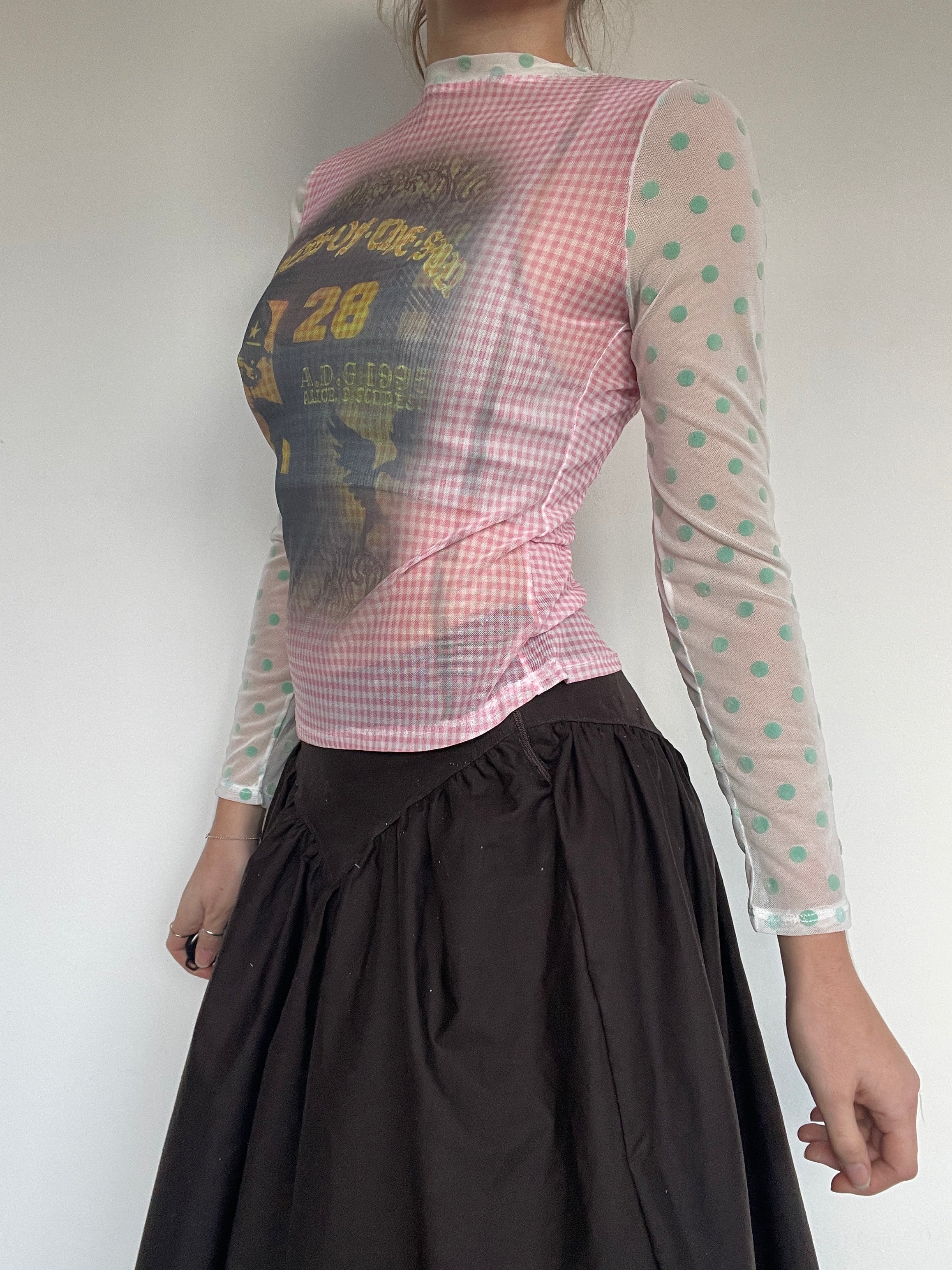 handmade polka dot gingham mesh punk print top