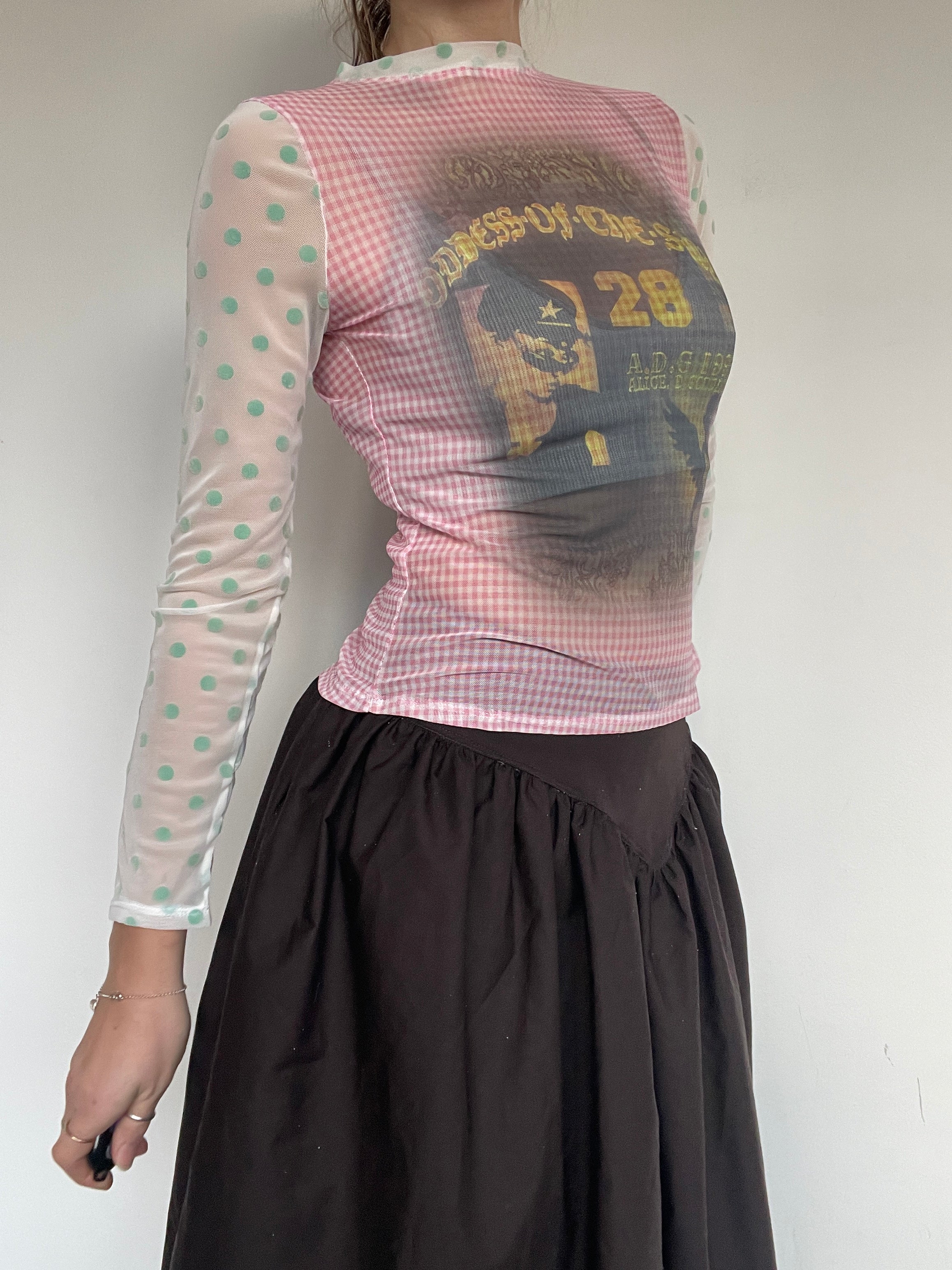 handmade polka dot gingham mesh punk print top