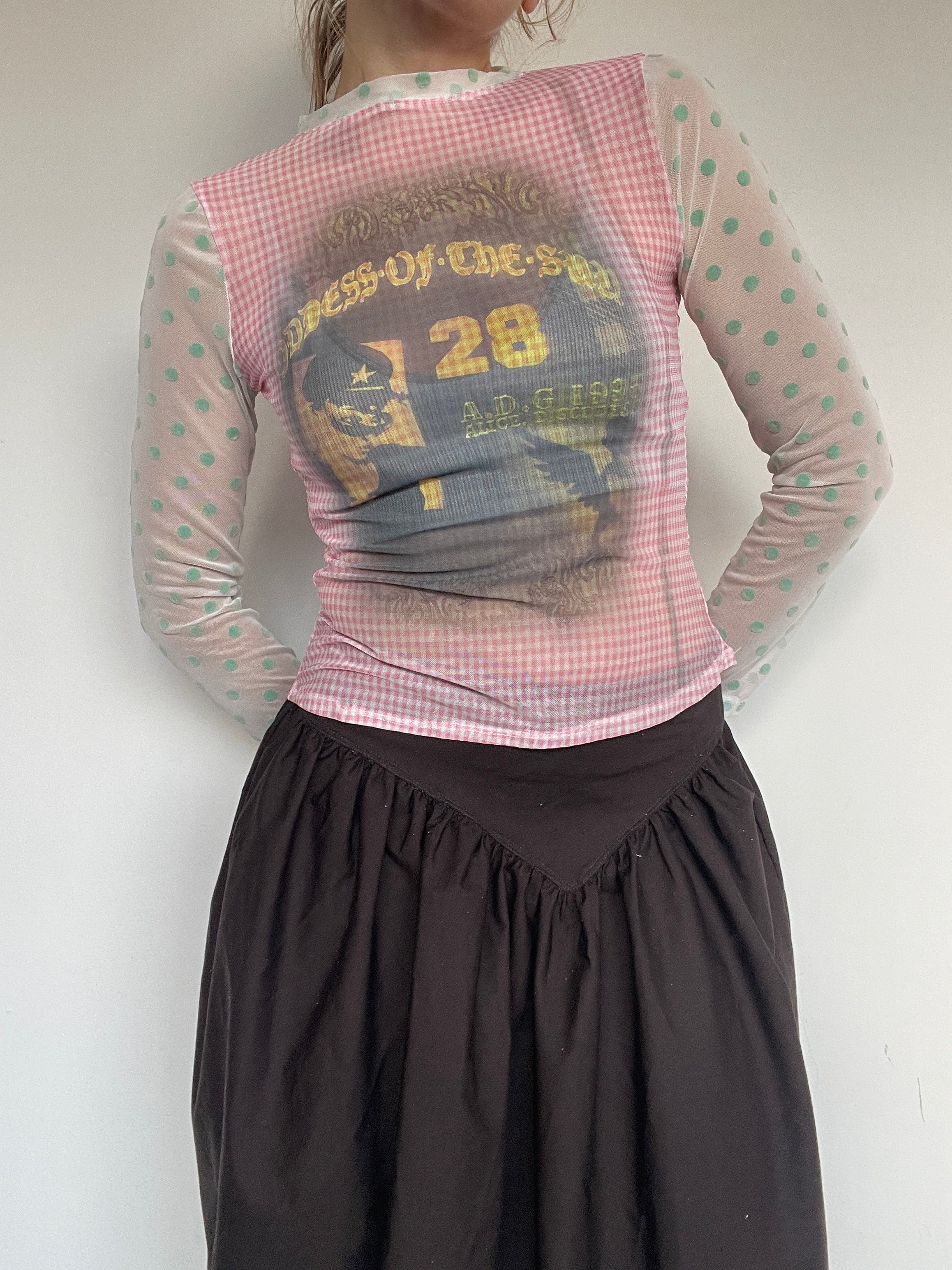handmade polka dot gingham mesh punk print top