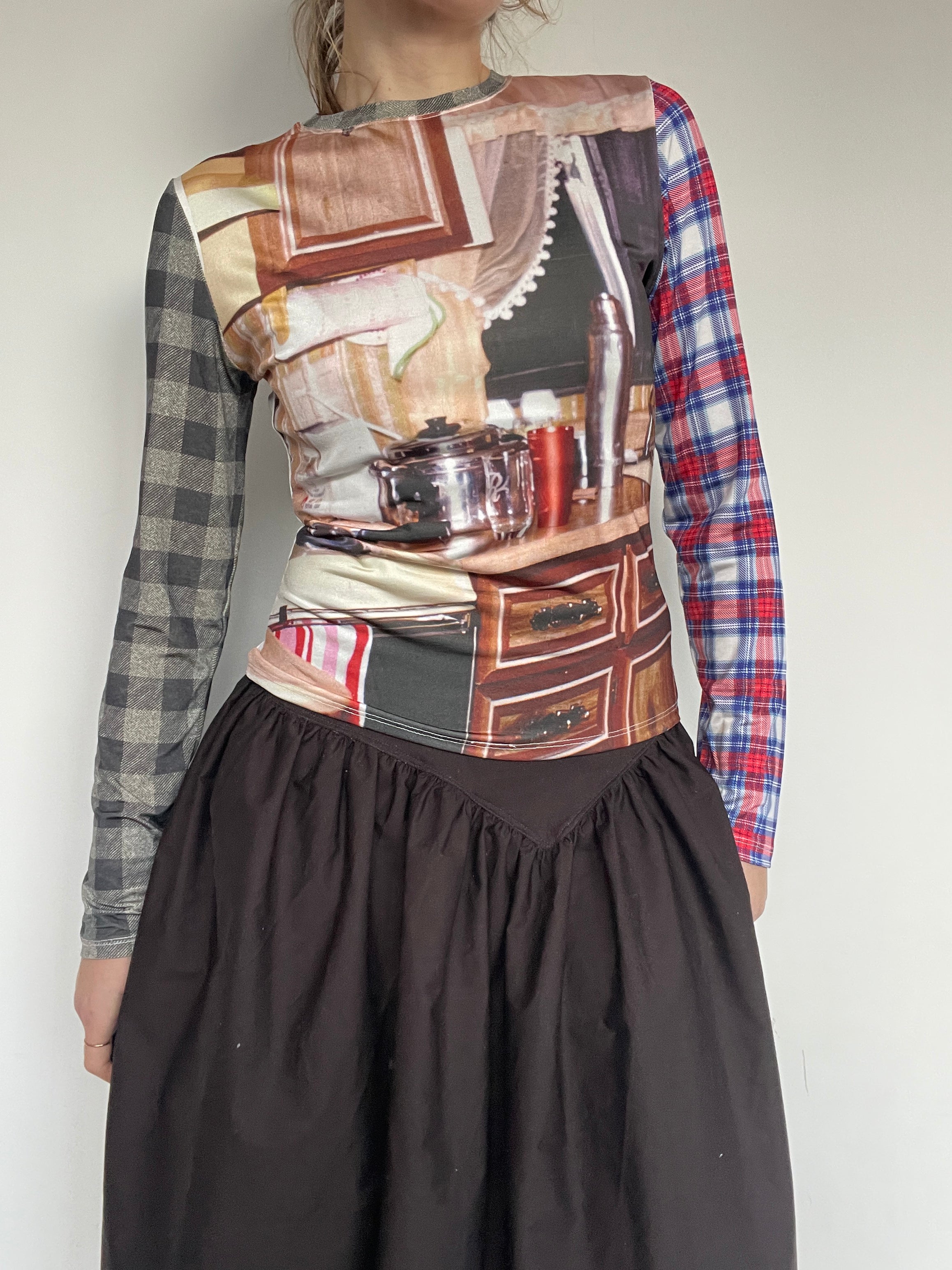 handmade digital print vintage longsleeve top with contrast tartan sleeves