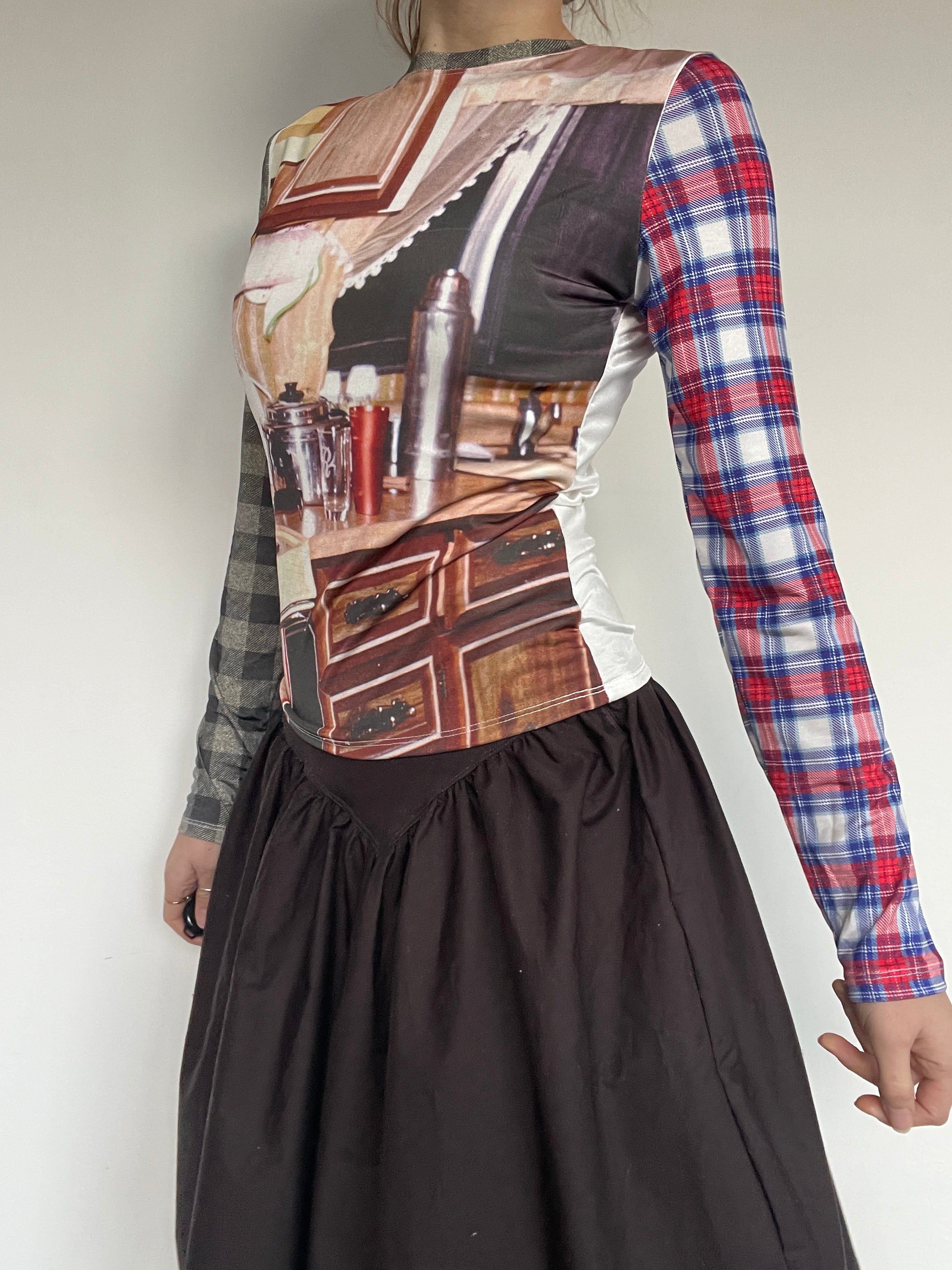 handmade digital print vintage longsleeve top with contrast tartan sleeves